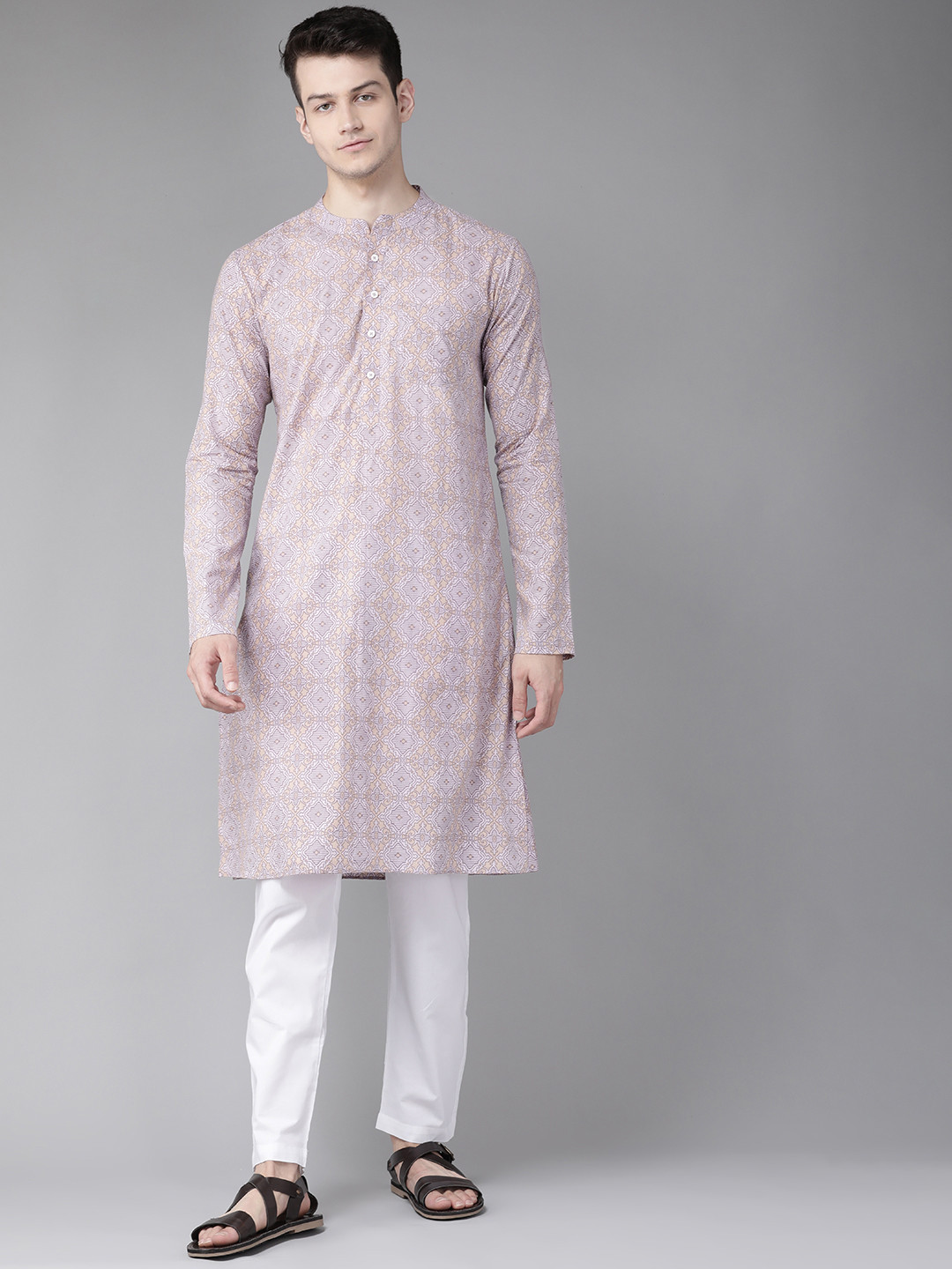 See Designs Men Beige & Lavender Ethnic Motifs Pure Cotton Block Print Handloom Kurta