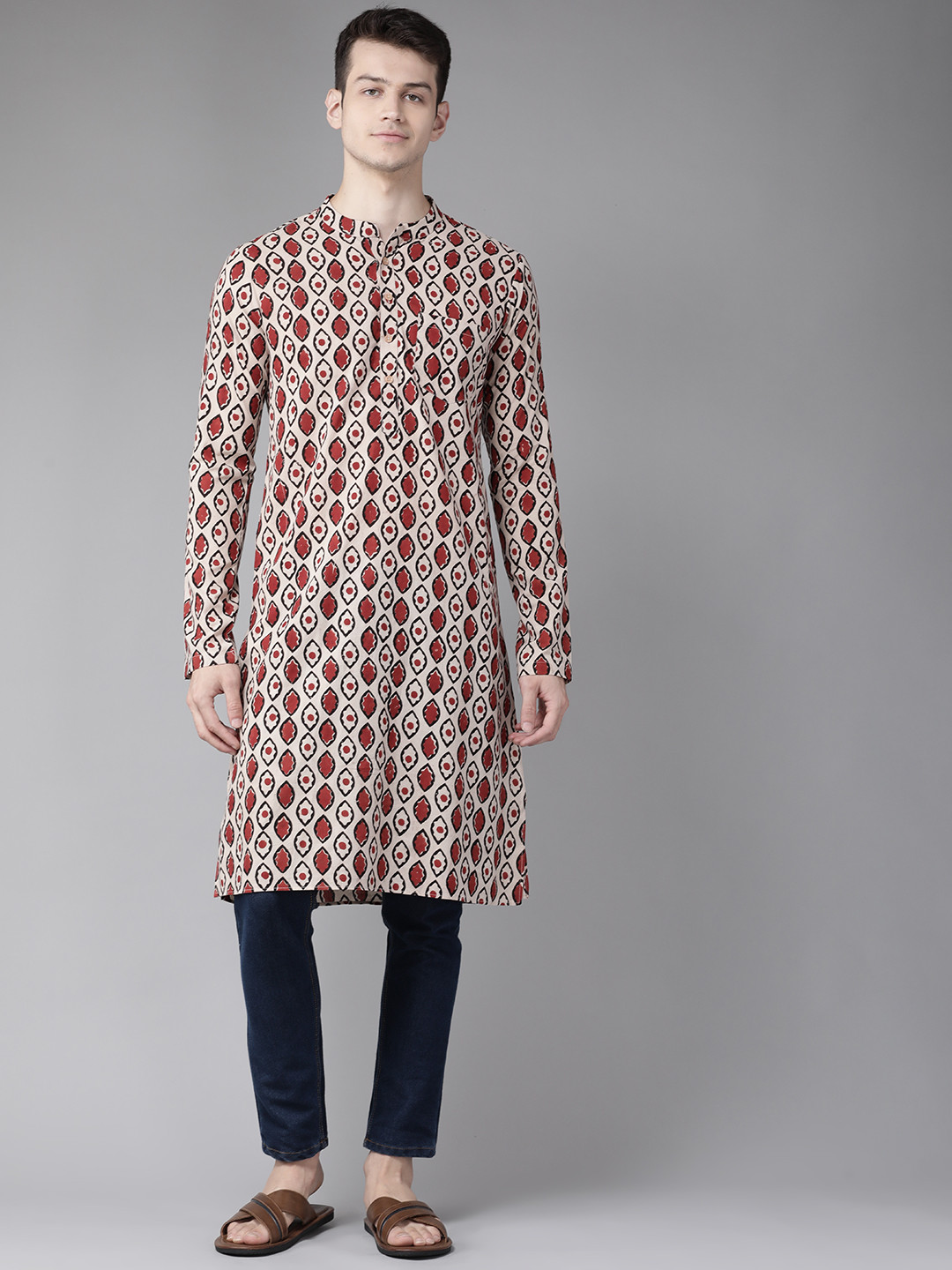 See Designs Men Beige & Maroon Geometric Block Print Cotton  Handloom Kurta