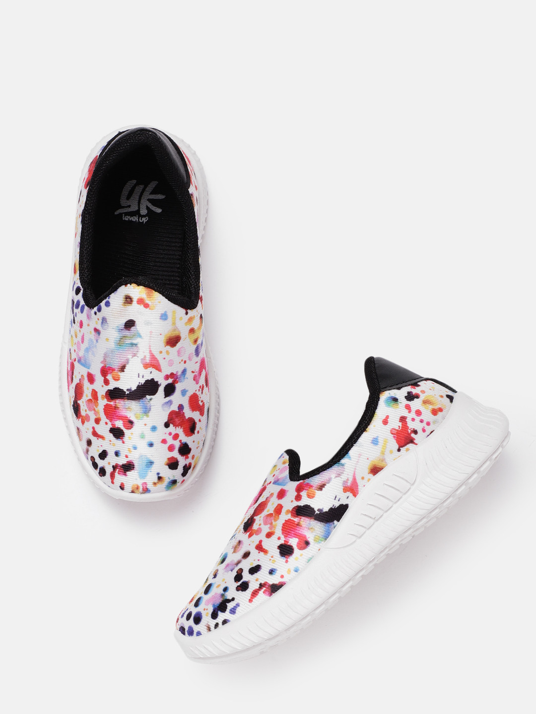 YK Girls White & Red Printed Wide Slip-On Sneakers