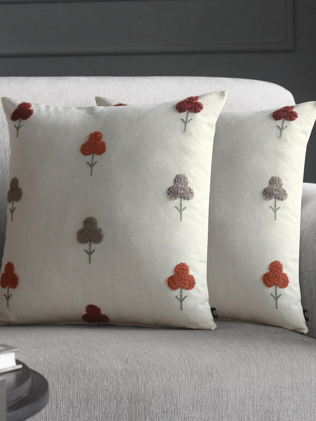 GM Floral Cotton 2 Pcs Embroidered Square Cushion Covers - 15.7 x 15.7 In