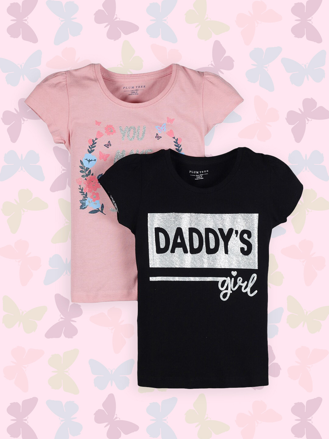 PLUM TREE Girls Black Pack of 2 Typography Printed Extended Sleeves T-shirt