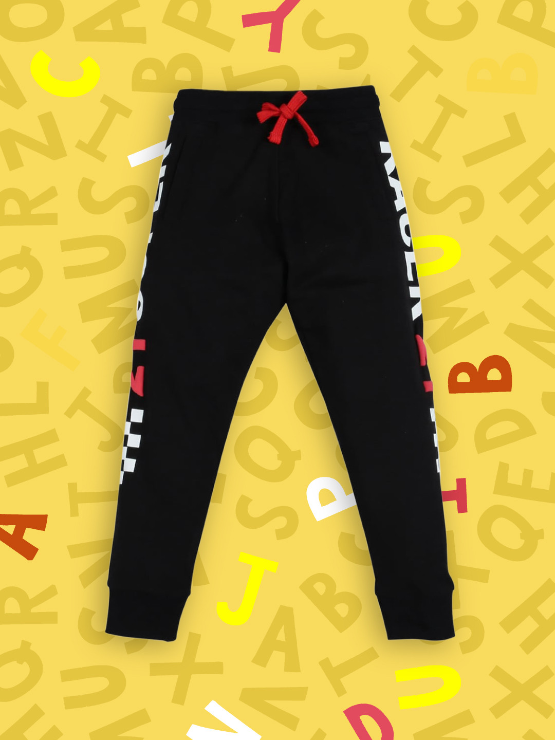 PLUM TREE Boys Black & White Typography Printed Pure Cotton Joggers