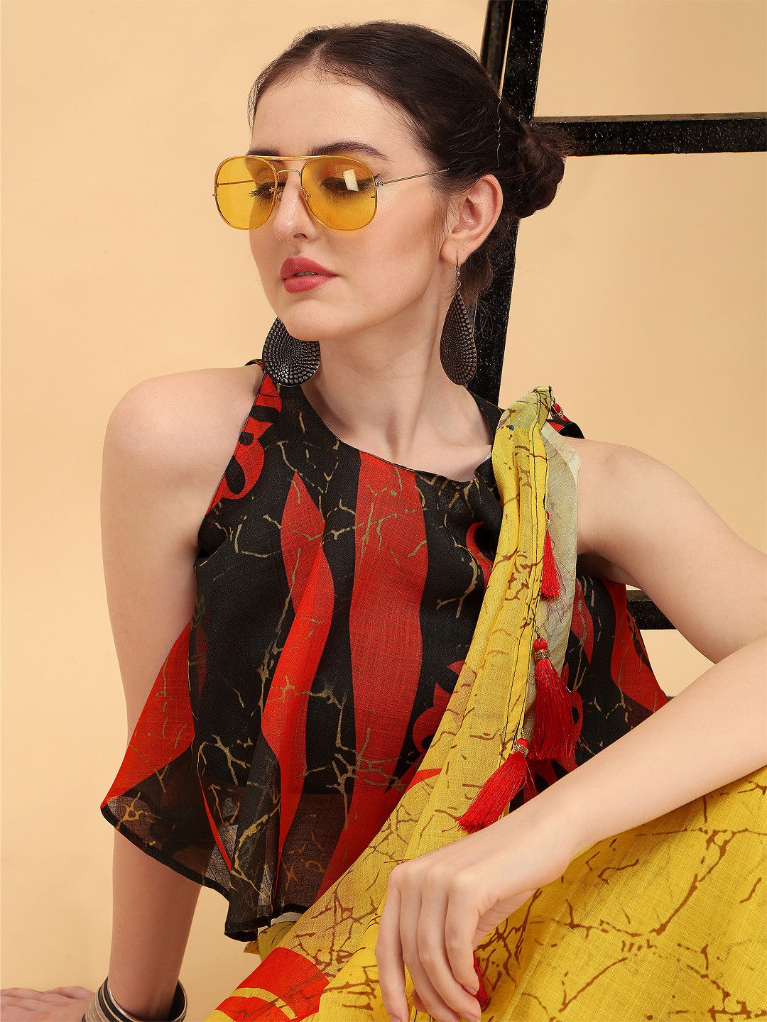 Sangria Yellow & Coral Orange Tie and Dye Pure Linen Saree