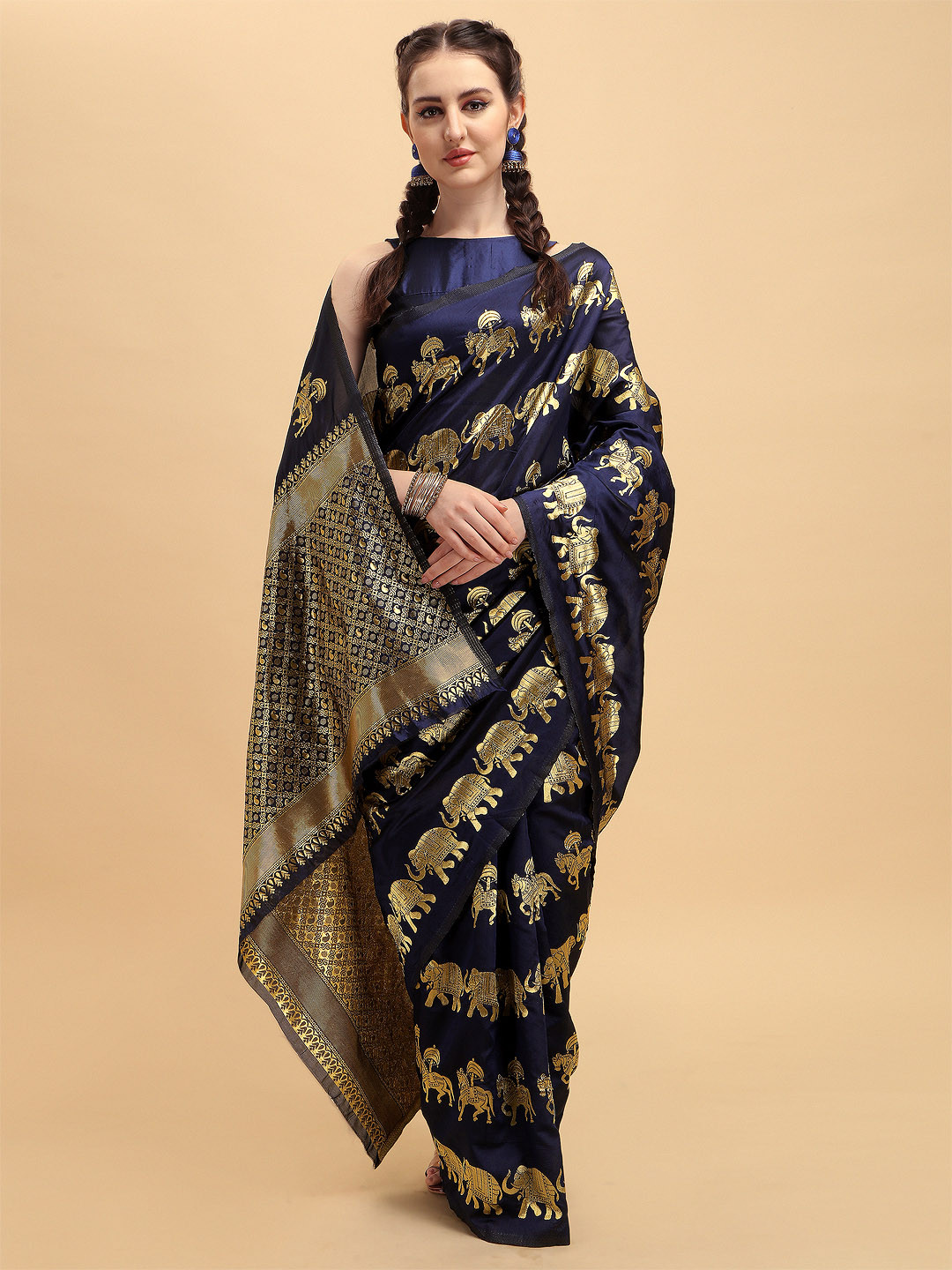 Sangria Navy Blue & Golden Ethnic Motifs Zari Silk Blend Heavy Work Banarasi Saree