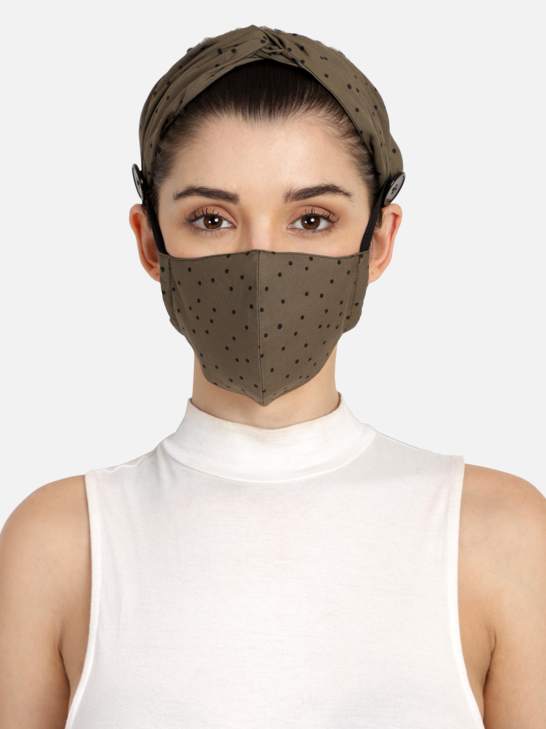 Anekaant Women 3-Ply Brown & Black Polka Dot Cotton Hairband & Mask