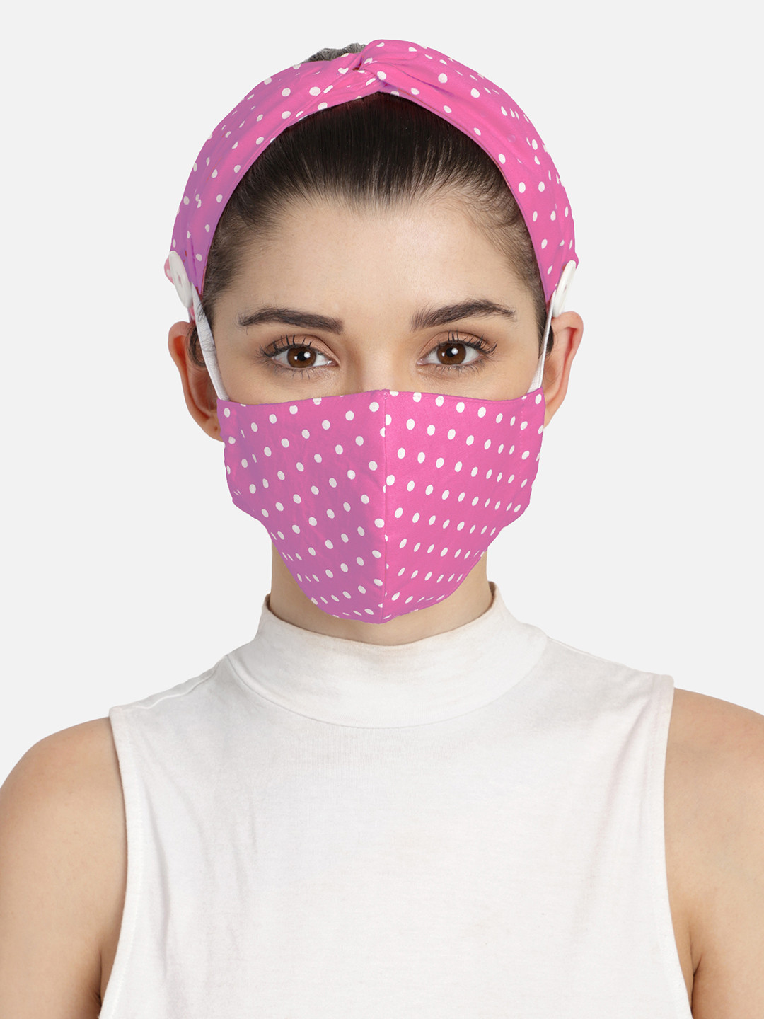 Anekaant 3-Ply Pink & White Polka Dot Printed Cotton Fabric Fashion Hairband & Mask
