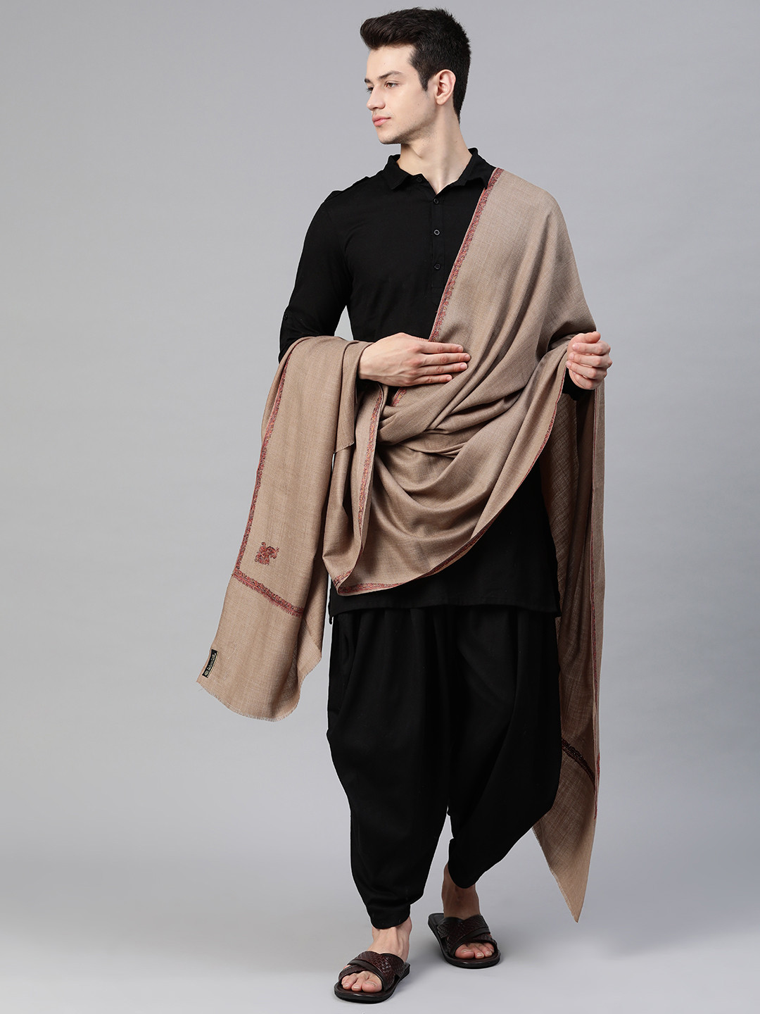 WEAVERS VILLA Men Pure Wool Hand Embroidered Winter Shawl