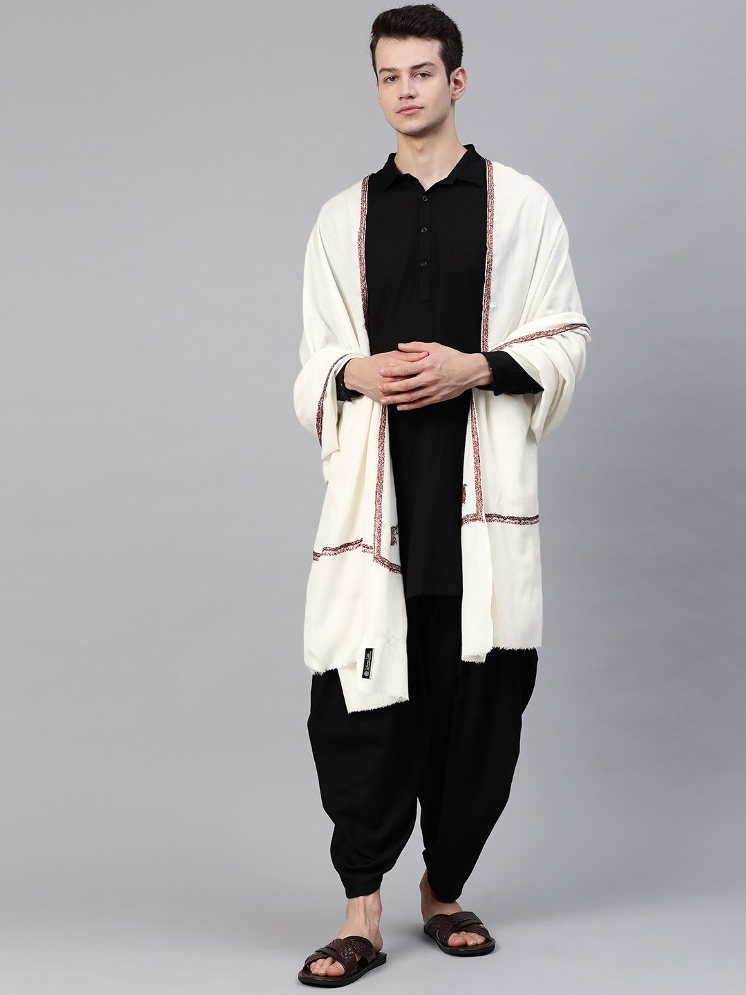 WEAVERS VILLA Men Pure Wool Hand Embroidered Winter Shawl