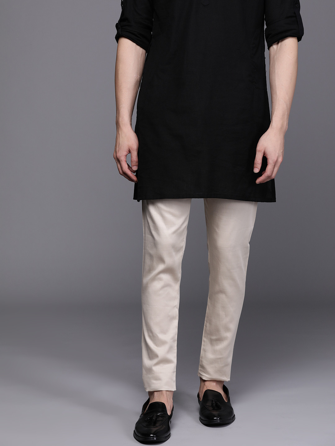 Manyavar Men Beige Solid Pencil Fit Cotton Pyjamas
