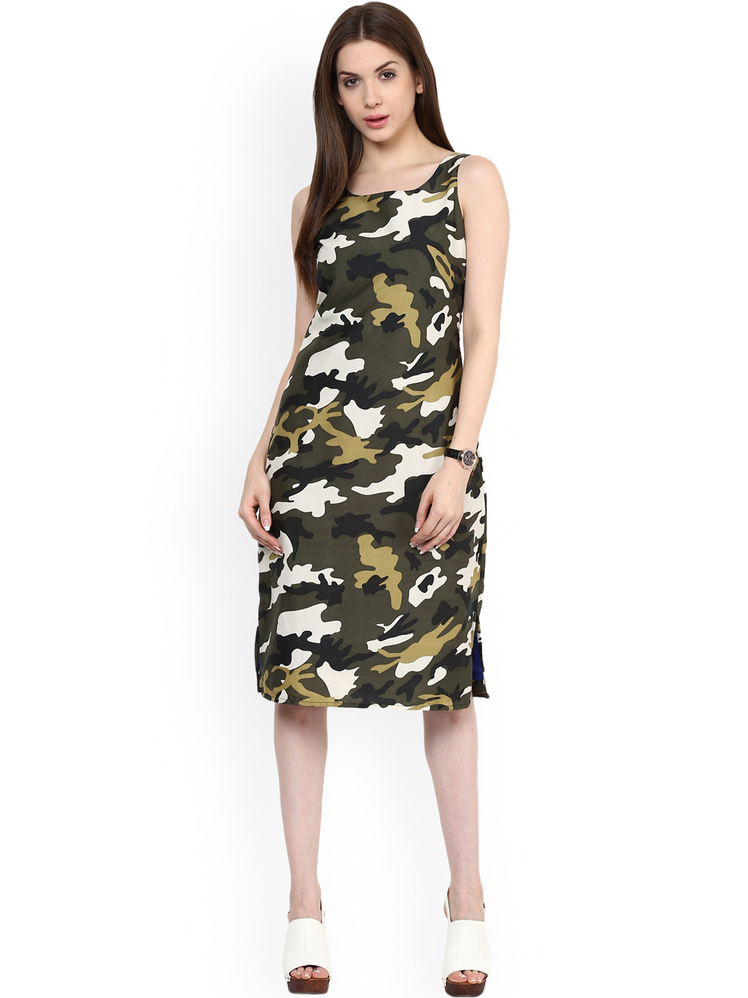 Zima Leto Women Green Camouflage Crepe Sheath Dress