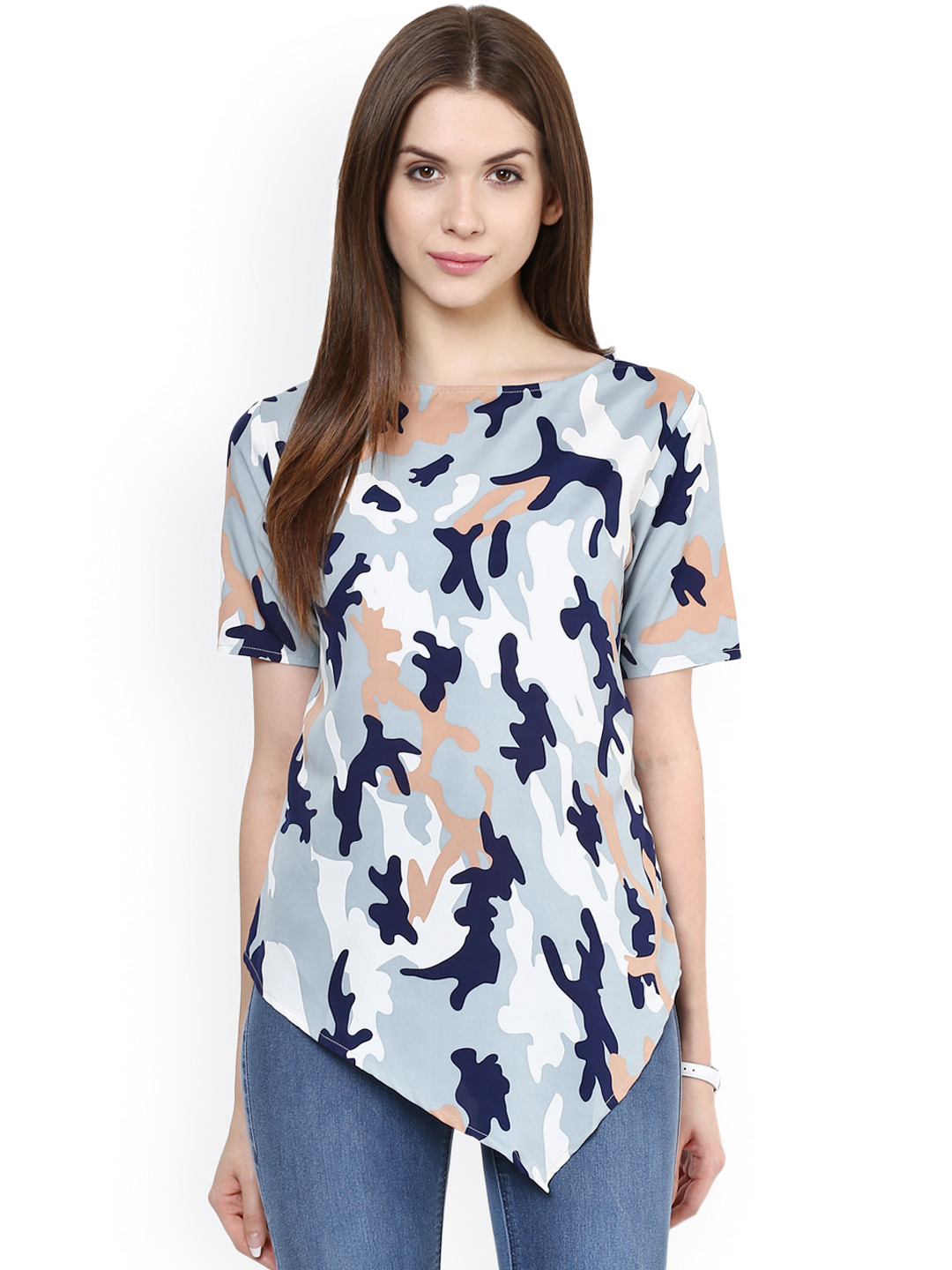 Zima Leto Women Blue Printed Crepe Top