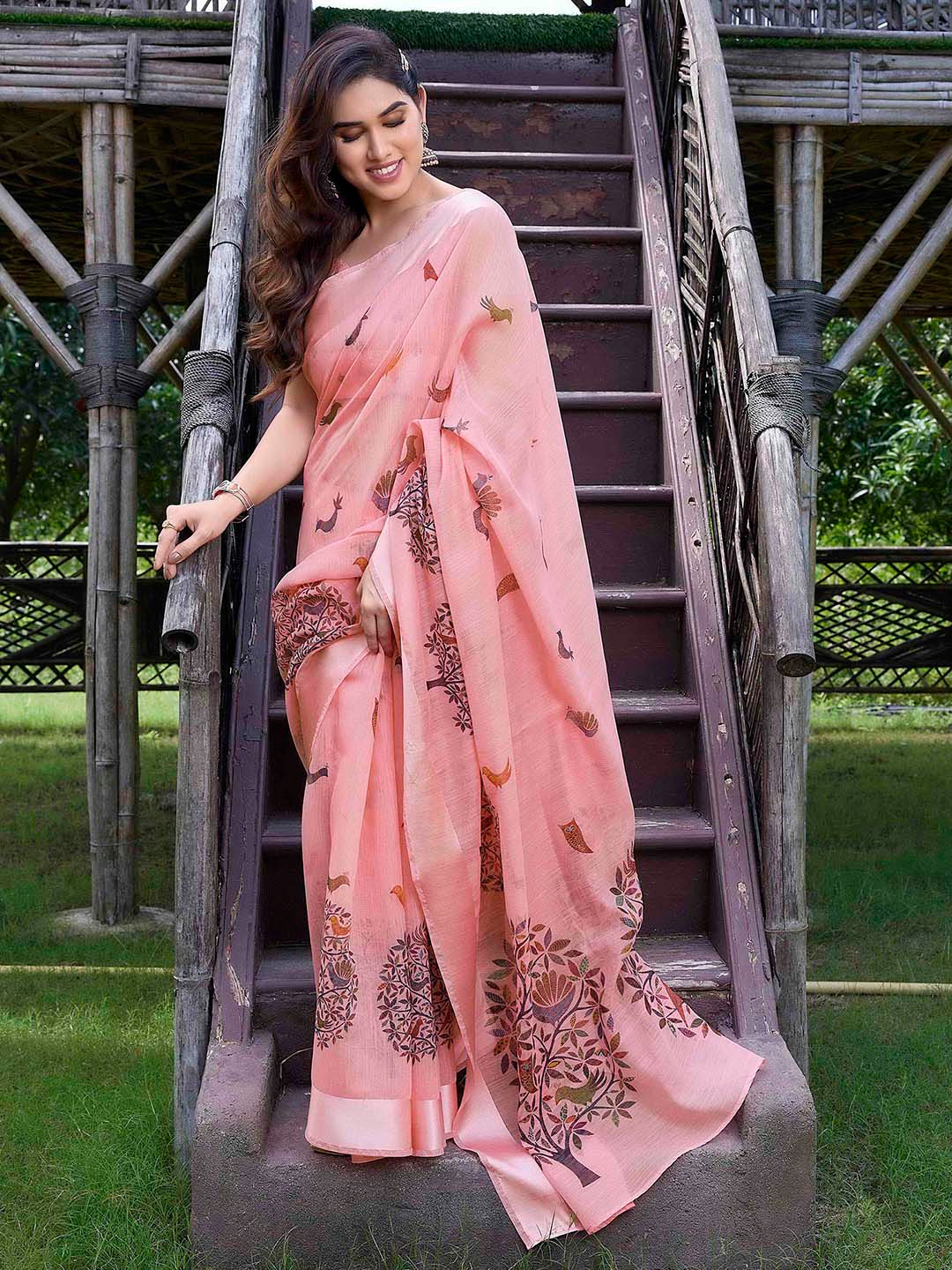 KALINI Peach-Coloured & Blue Polycotton Baluchari Saree