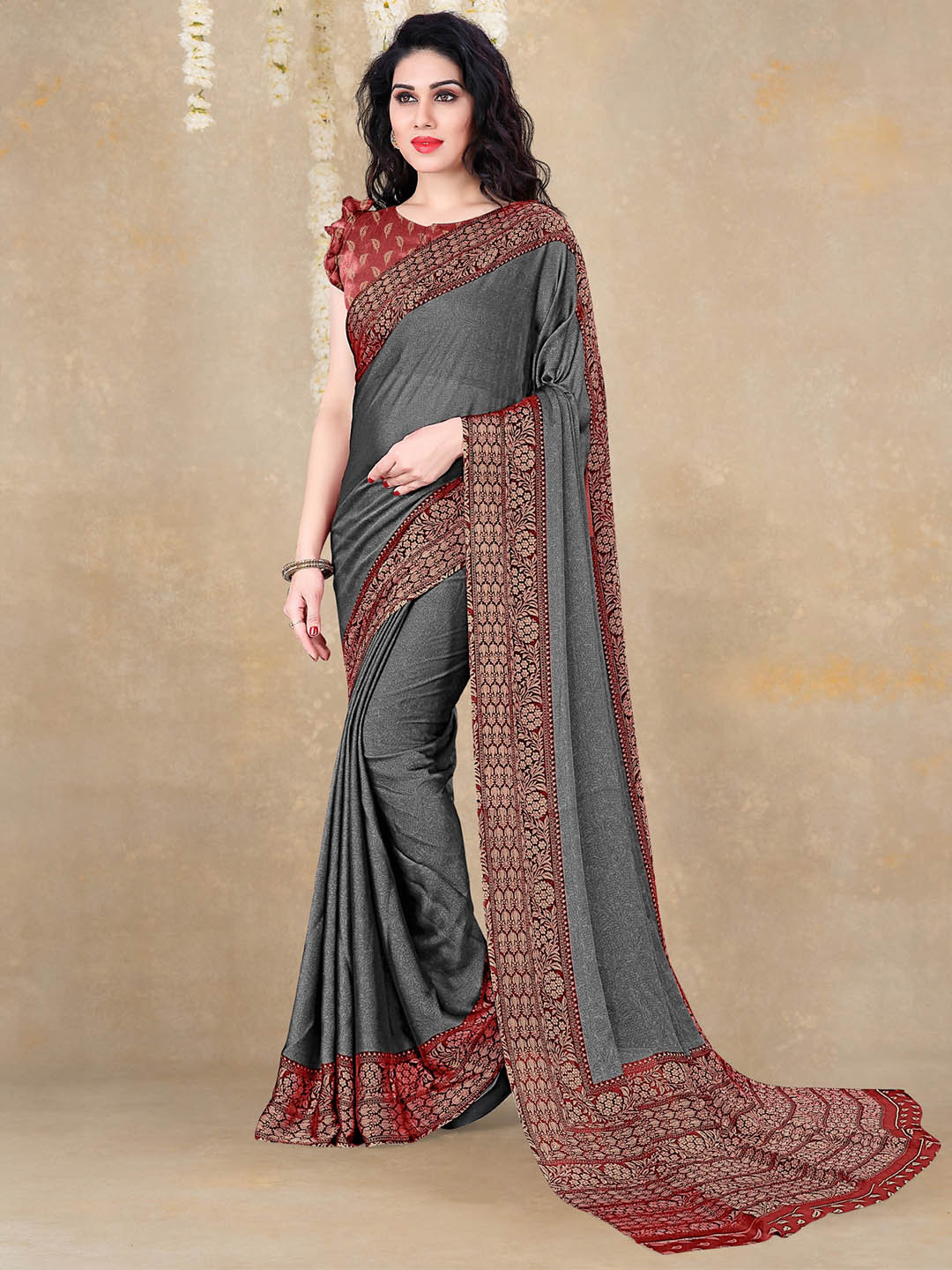 KALINI Grey & Maroon Floral Bagh Saree