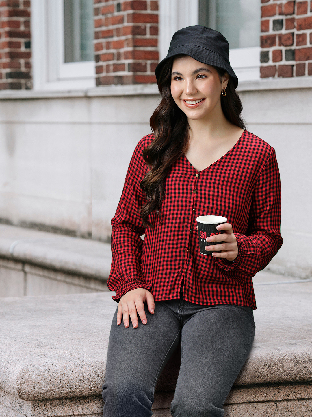 Harvard Red  & Black Checked V-Neck Top