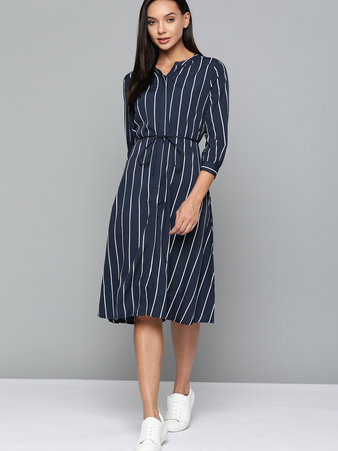 Harvard Women Navy Blue & White Striped Shirt Midi Dress