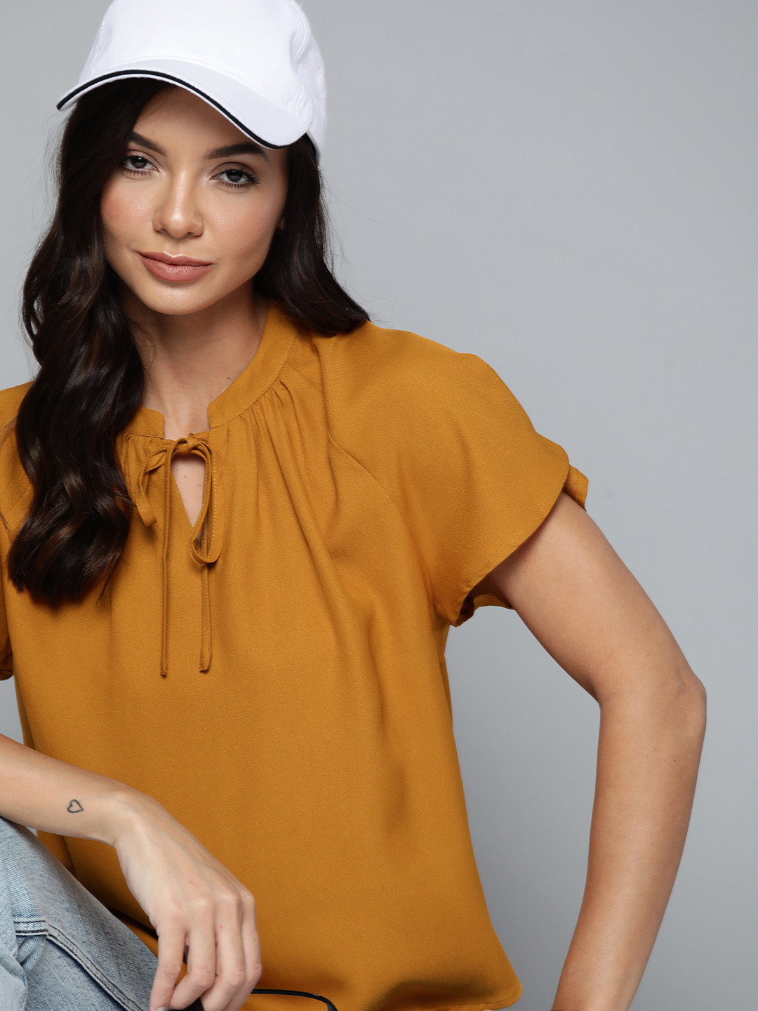 Harvard Mustard Yellow Tie-Up Neck Raglan Sleeves Top