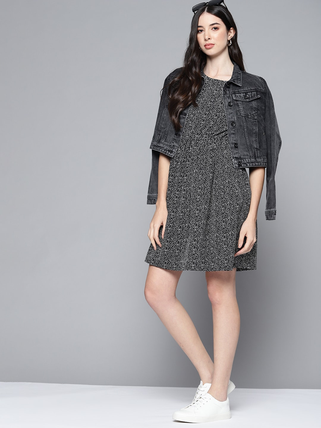 Harvard Black & White A-Line Polka Dot Print Dress