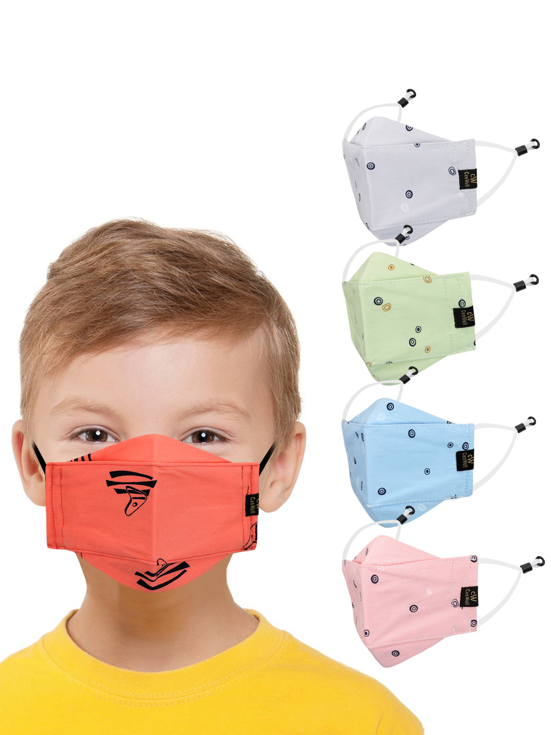 CENWELL Kids Pack Of 5 Multi Printed 6-Ply Pure Cotton Reusable 3D Cloth Masks