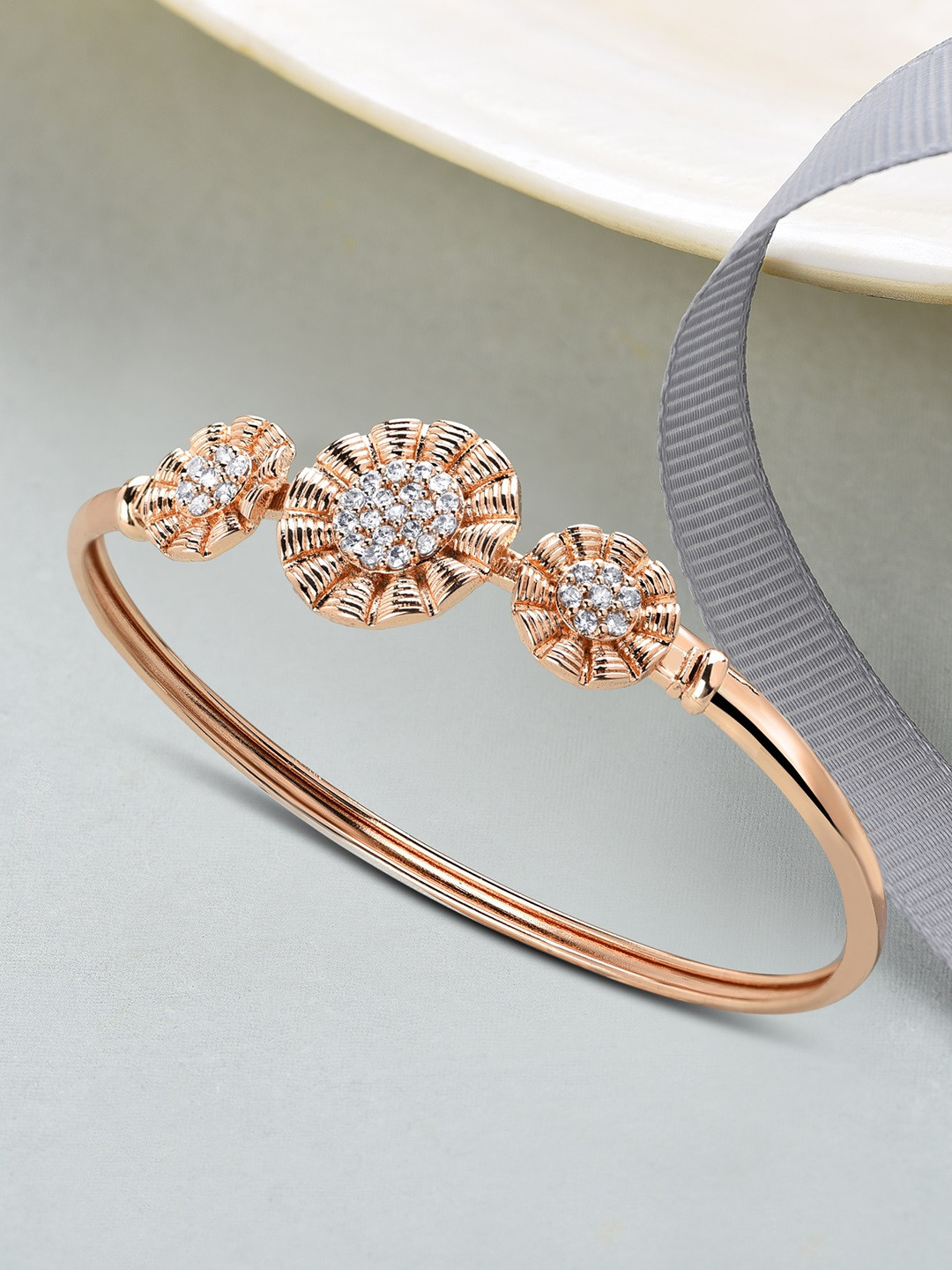 AMI Women Rose Gold & White Brass Cubic Zirconia Flowers Kada Bracelet