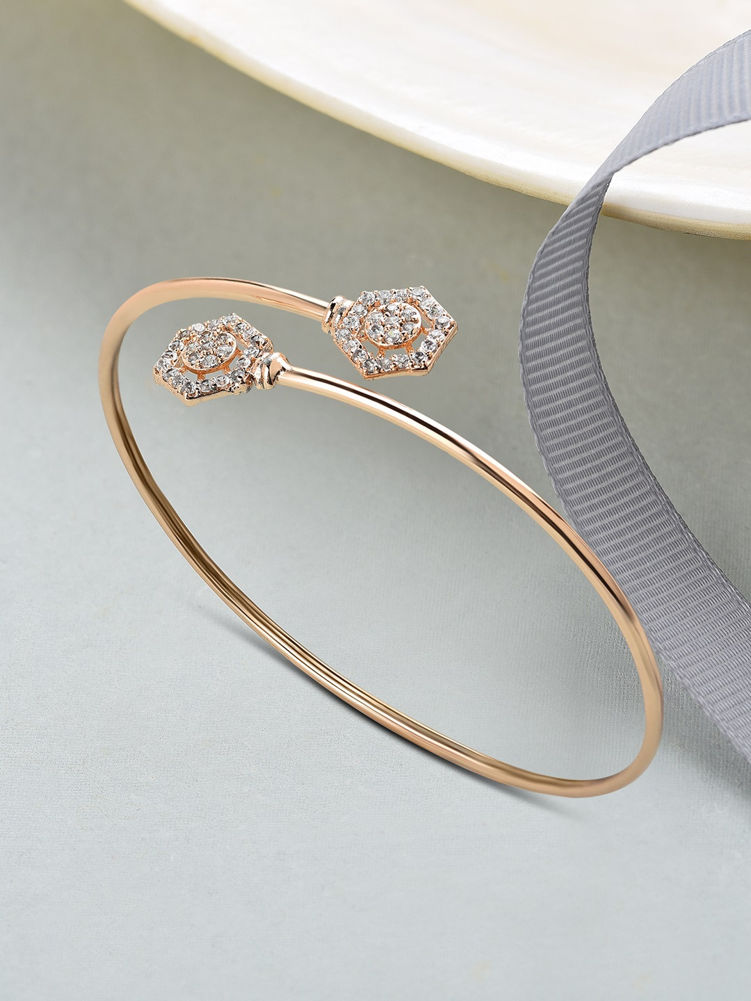 AMI Women Rose Gold & White Brass Cubic Zirconia Rose Gold-Plated Kada Bracelet