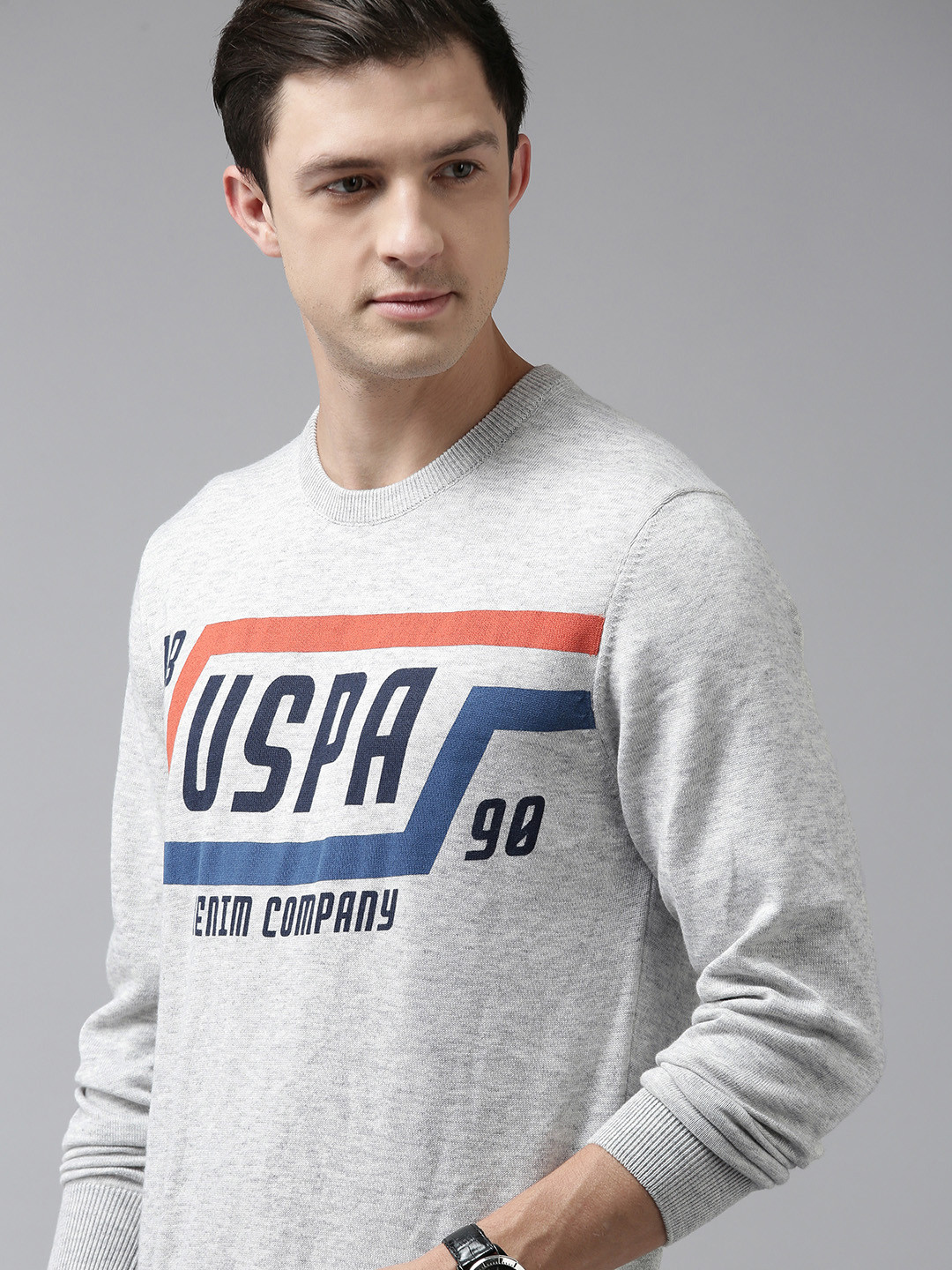 U S Polo Assn Denim Co Men Grey Melange Typography Printed Pullover