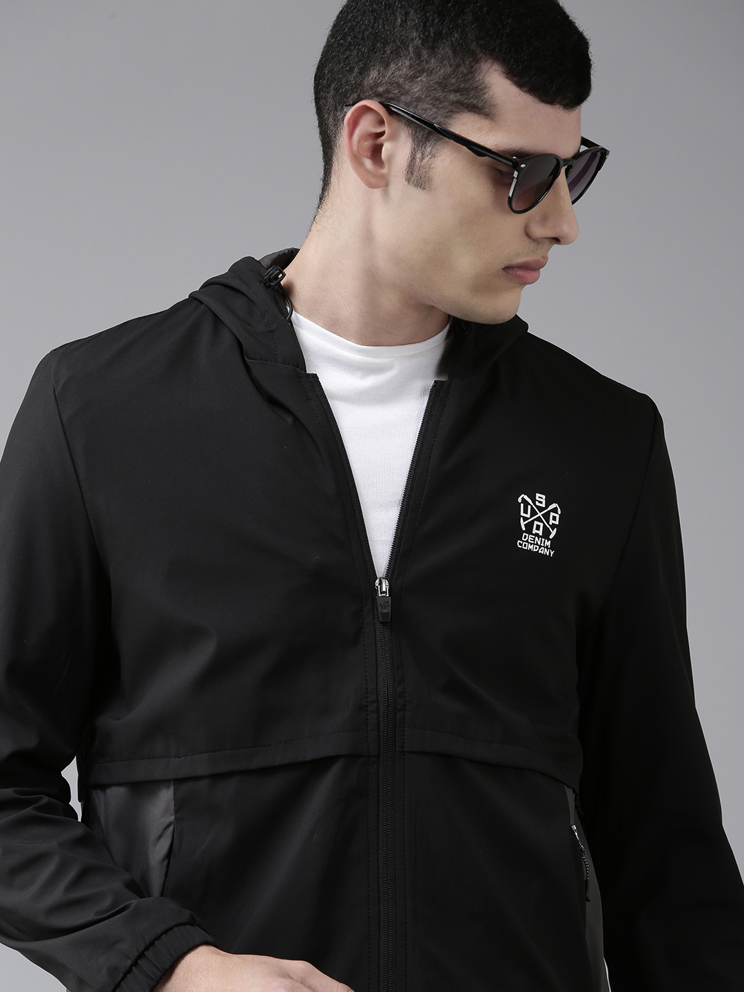 U.S. Polo Assn. Denim Co. Men Black & Grey Colourblocked Lightweight Sporty Jacket