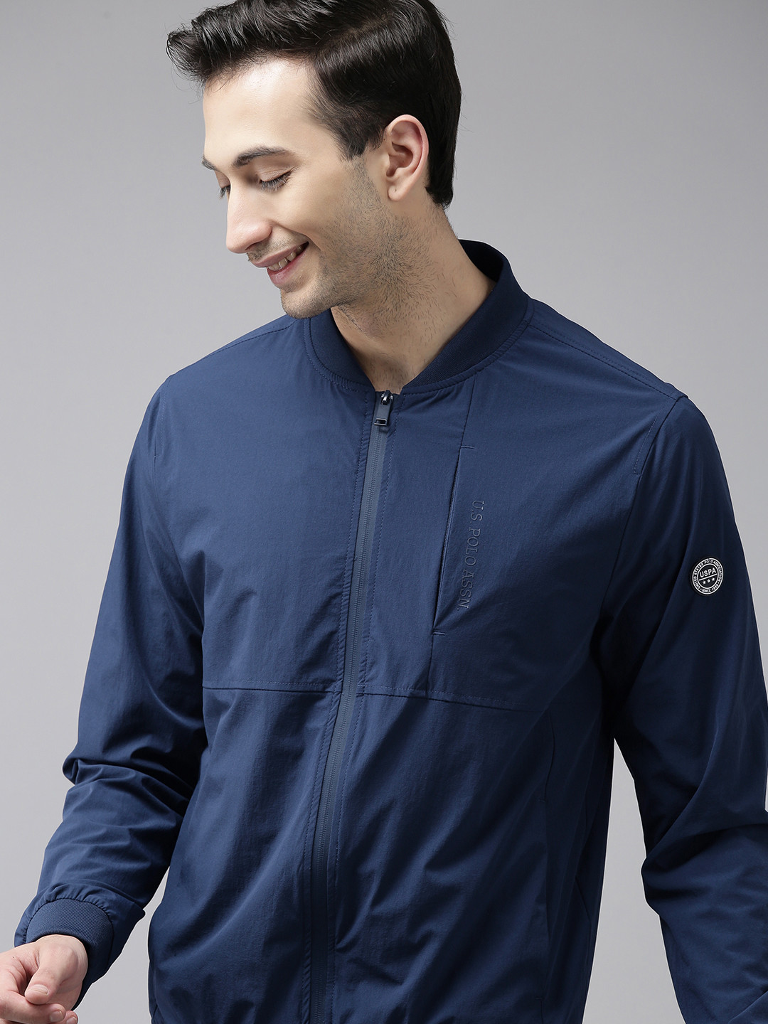 U S Polo Assn Men Blue Solid Lightweight In Stretch Bomber Jacket