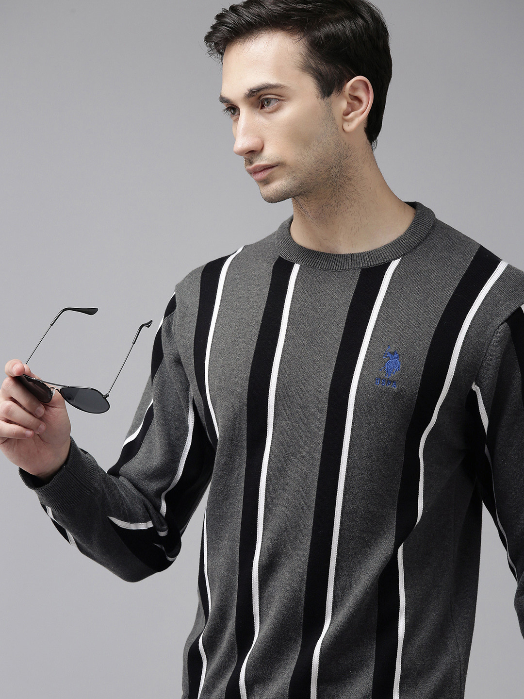 U S Polo Assn Men Black & Grey Striped Pure Cotton Pullover Sweatshirt