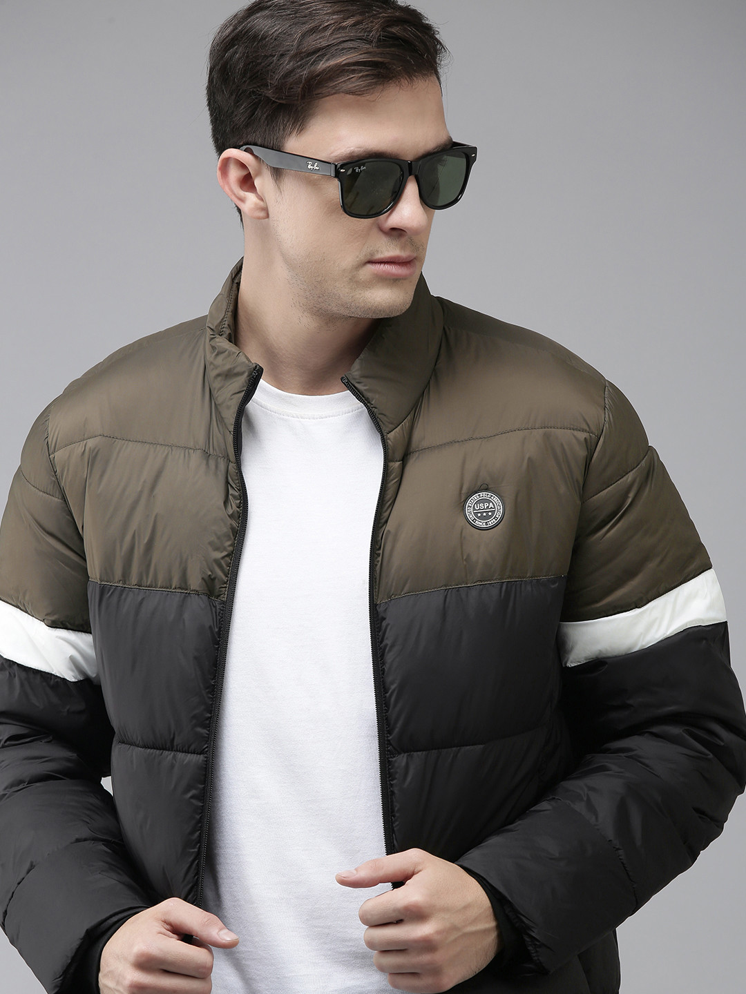 U S Polo Assn Men Olive Green & Black Colourblocked Puffer Jacket