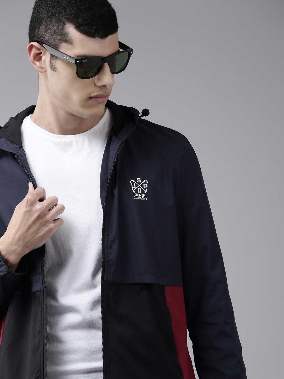 U.S. Polo Assn. Denim Co. Men Navy Blue & Black Colourblocked Lightweight Sporty Jacket