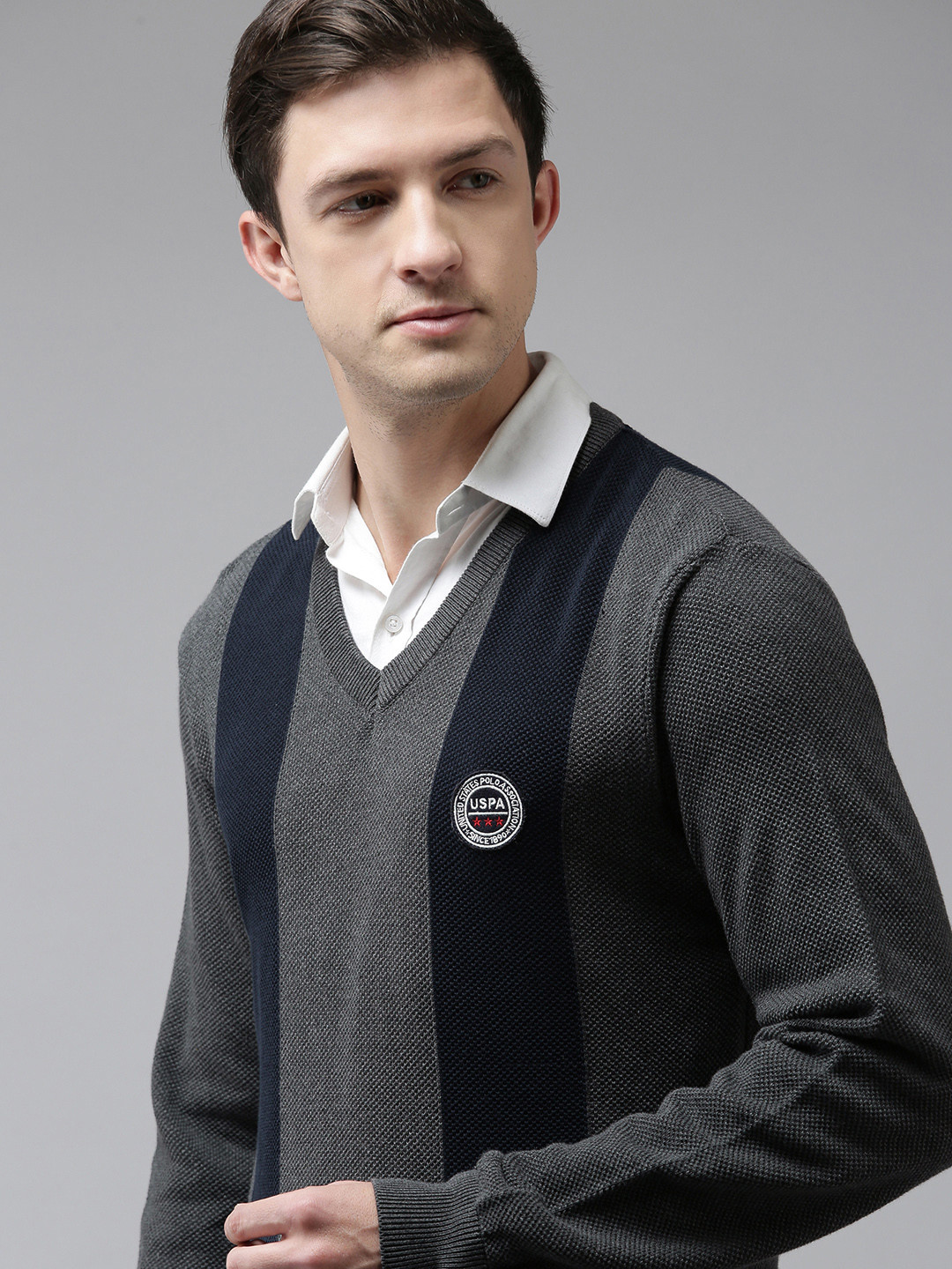 U S Polo Assn Men Black & Navy Blue Striped V-Neck Pure Cotton Pullover