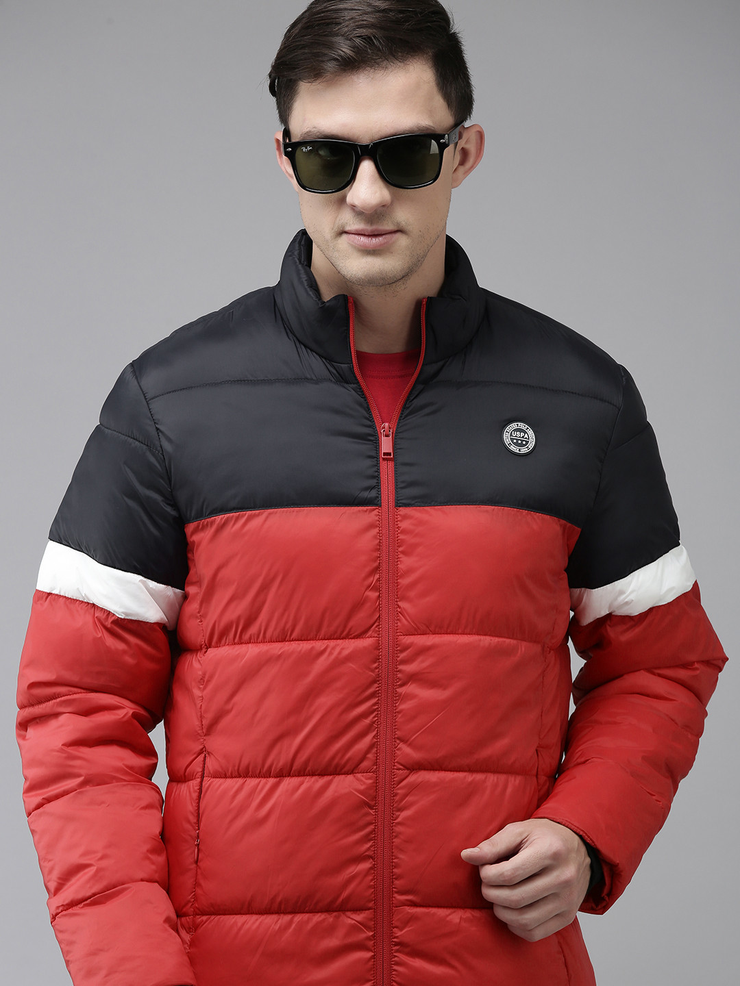 U S Polo Assn Men Navy Blue & Red Colourblocked Puffer Jacket