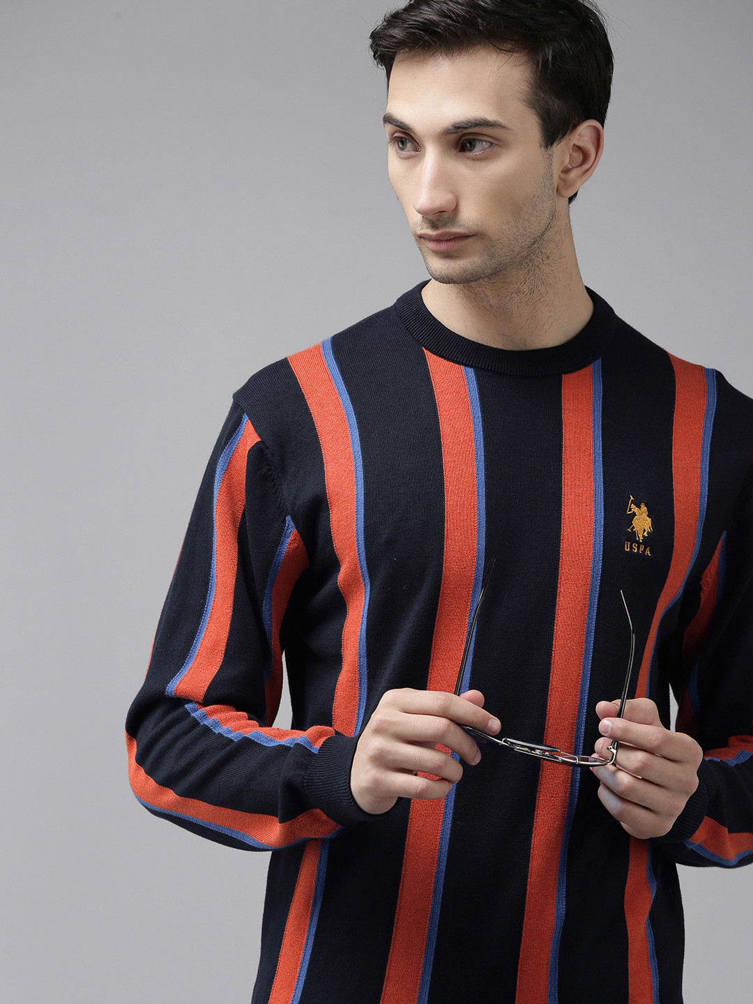 U S Polo Assn Men Navy Blue & Red Striped Pure Cotton Pullover Sweater