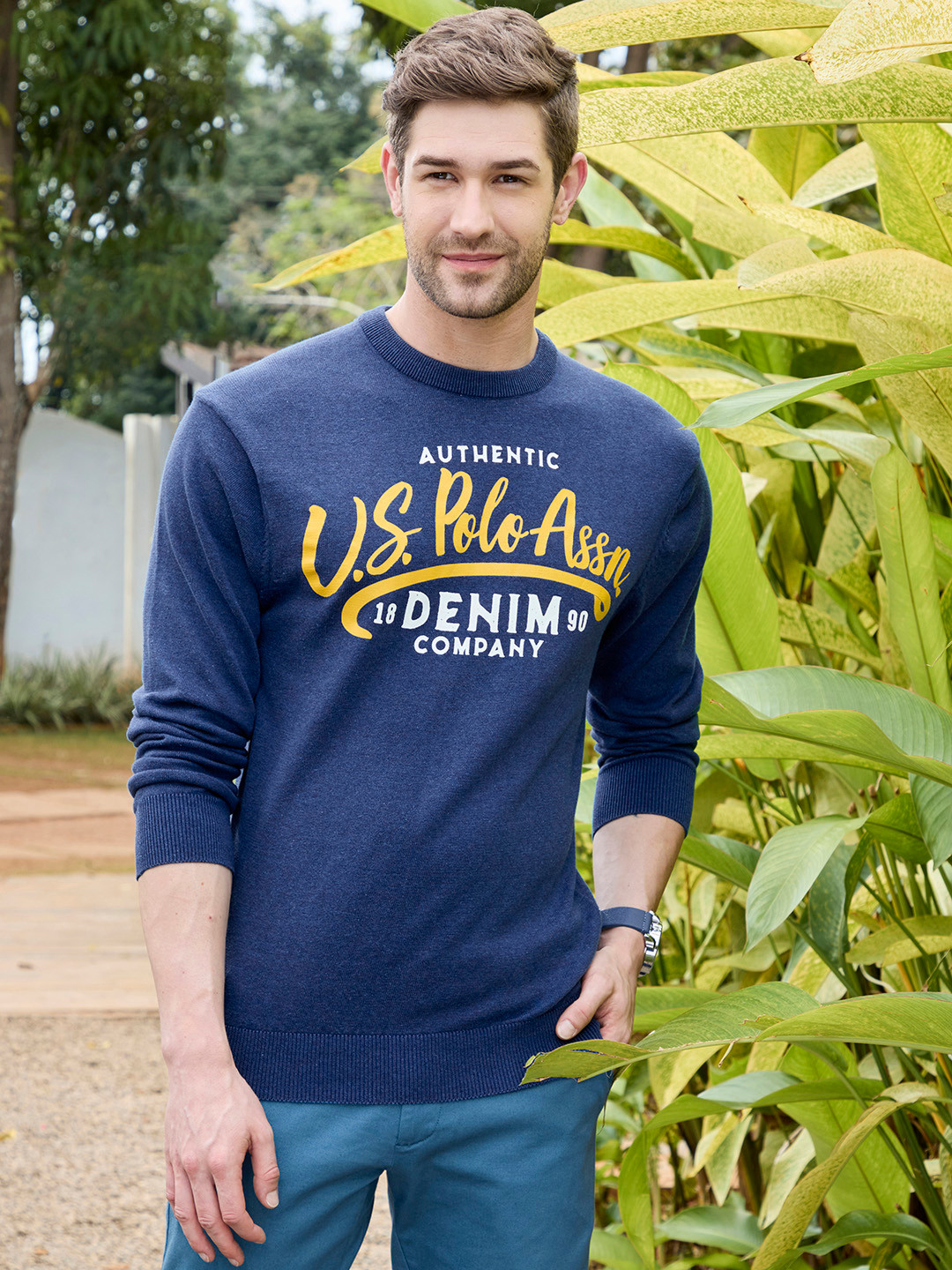 U S Polo Assn Denim Co Men Navy Blue Typography Printed Pullover