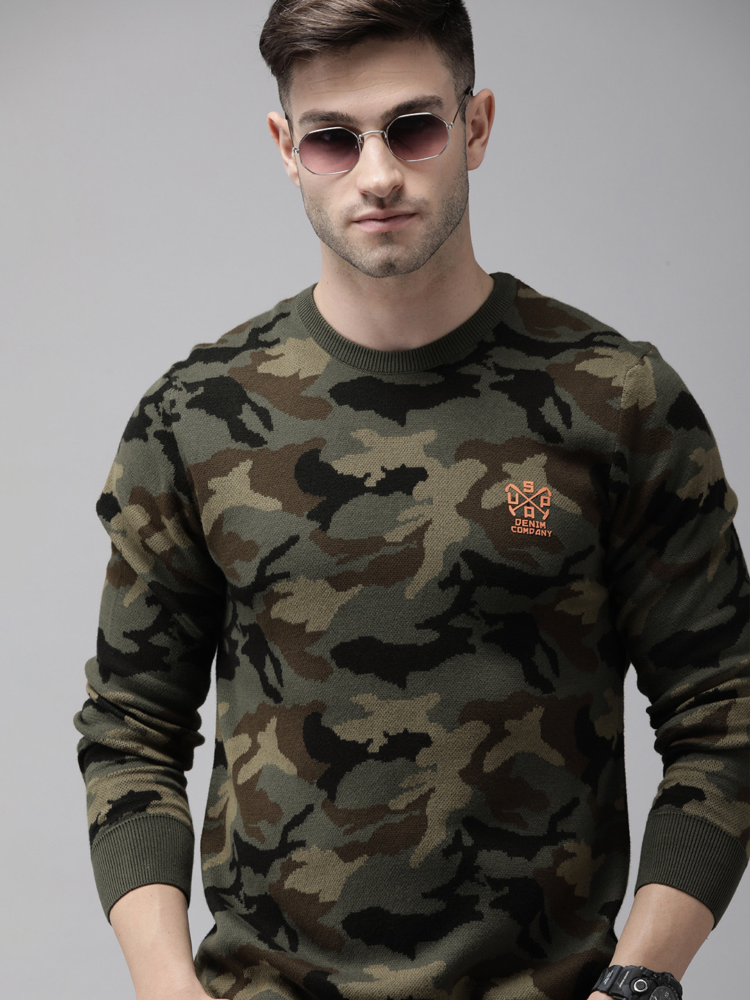 U S Polo Assn Denim Co Men Olive Green & Beige Camouflage Printed Pullover