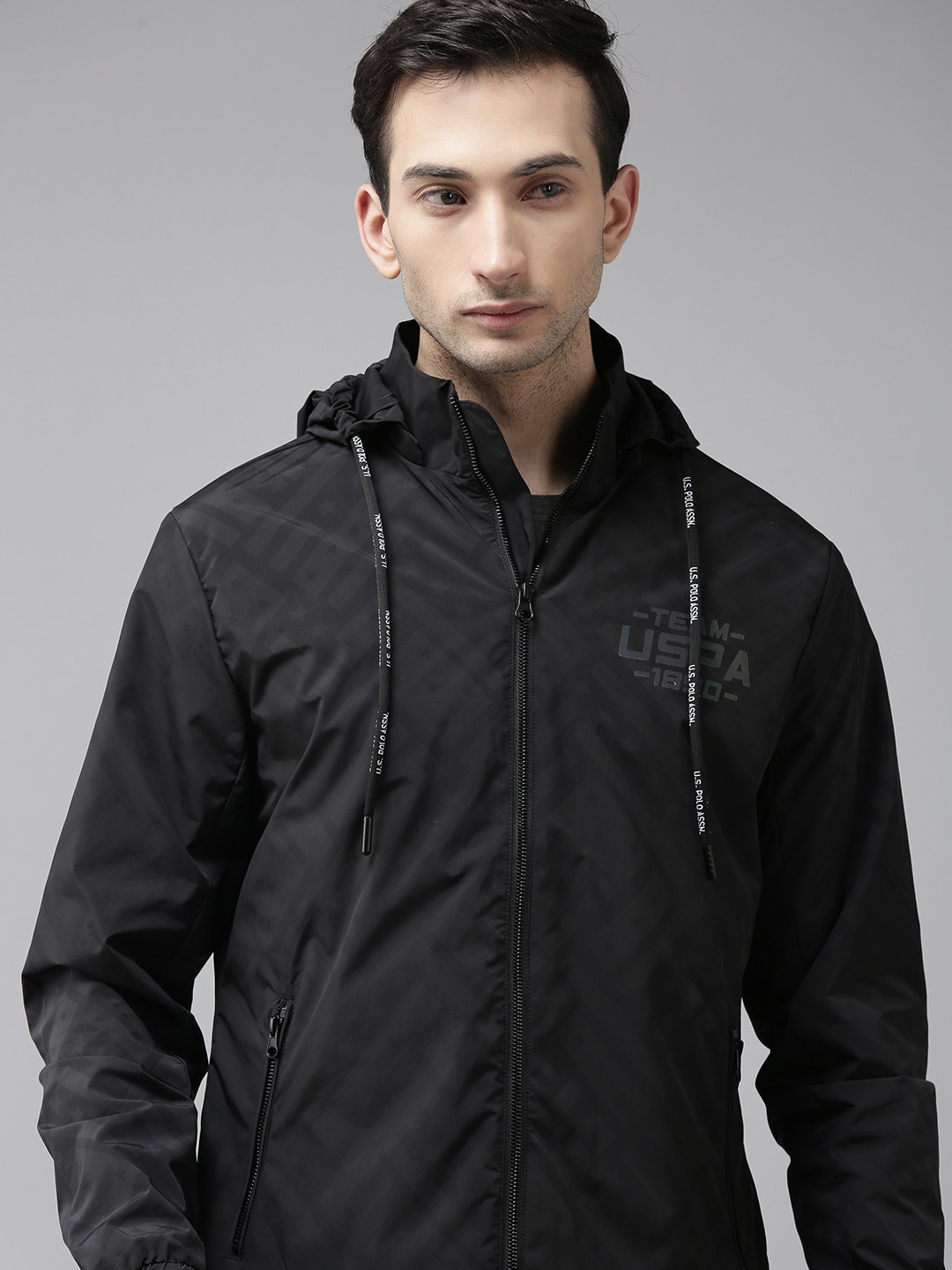 U S Polo Assn Denim Co Men Black Brand Logo Printed Lightweight Sporty Jacket