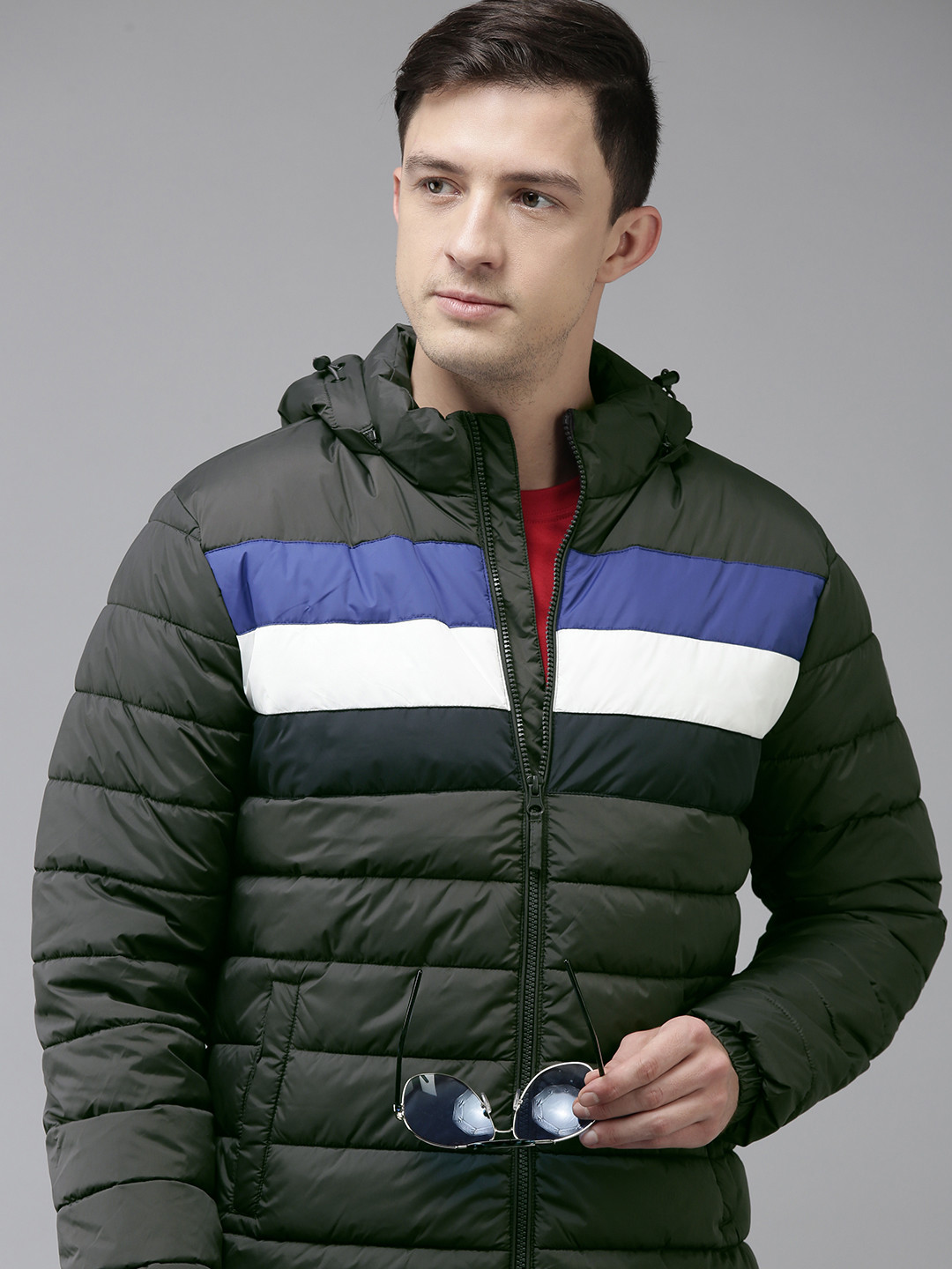 U S Polo Assn Men Grey & Blue Striped Hooded Puffer Jacket