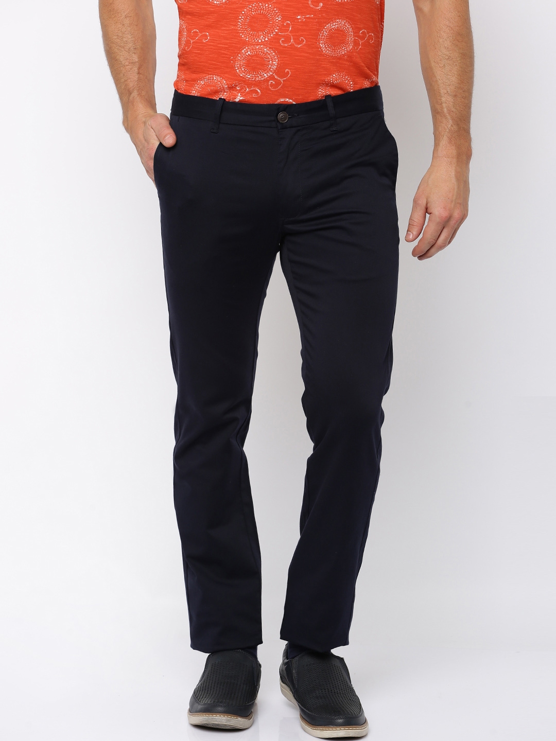 Buy Indian Terrain Men Navy Solid Brooklyn Slim Fit Flat Front Trousers   Trousers for Men 1467805  Myntra