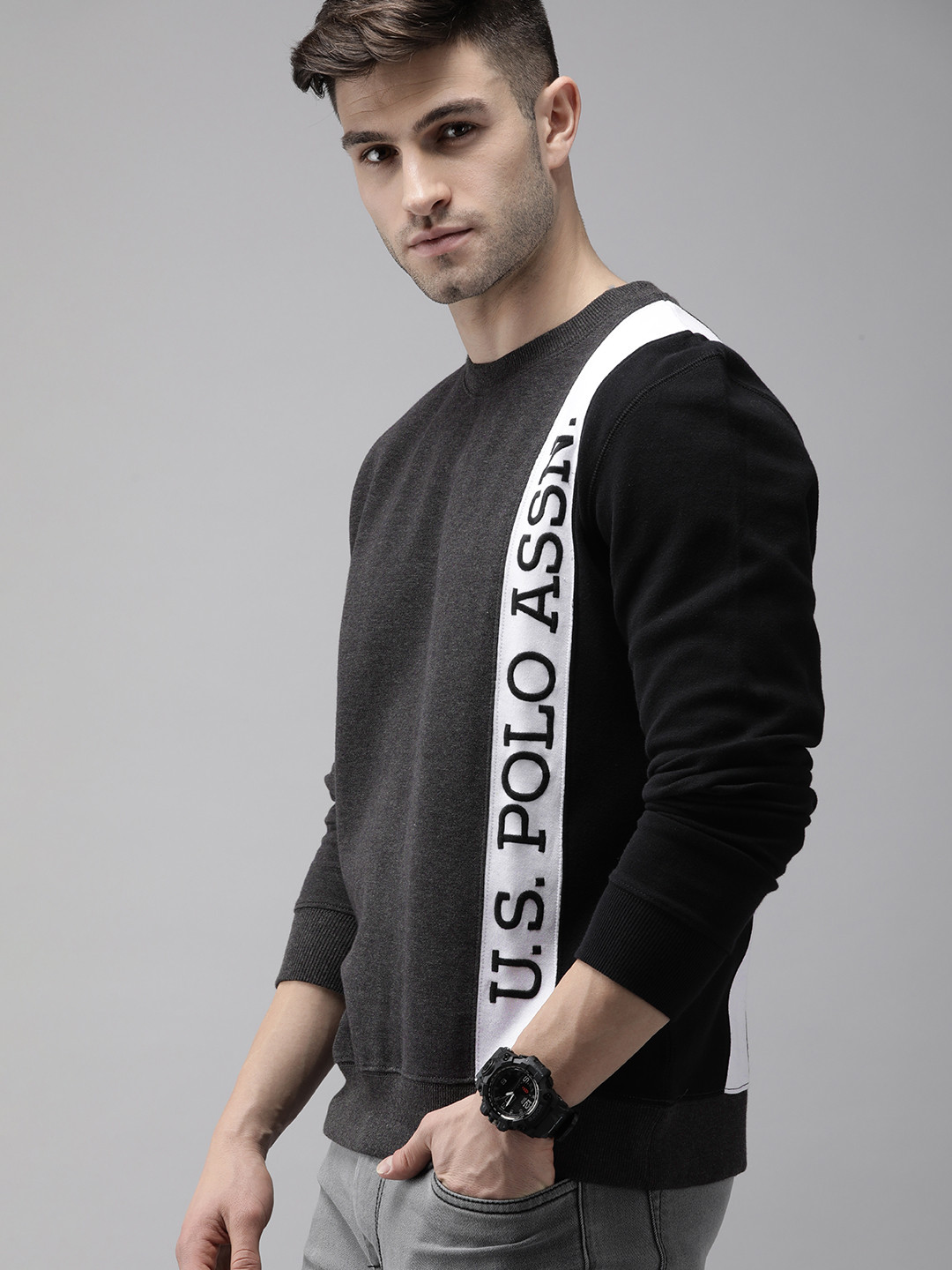 U S Polo Assn Men Charcoal Grey Brand Logo Printed Sweatshirt