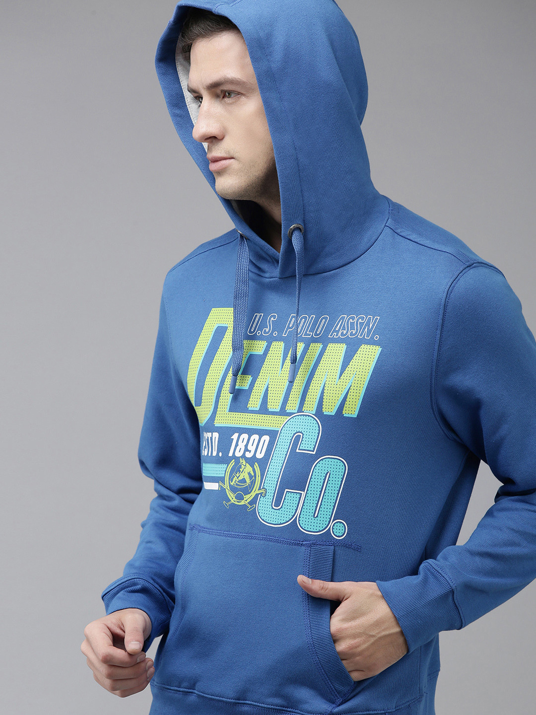 U S Polo Assn Denim Co Men Blue Typographical Printed Hooded Sweatshirt