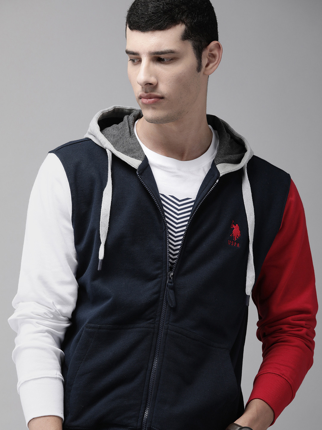 U S Polo Assn Men Navy Blue Solid Contrast Sleeves Front-Open Hooded Sweatshirt