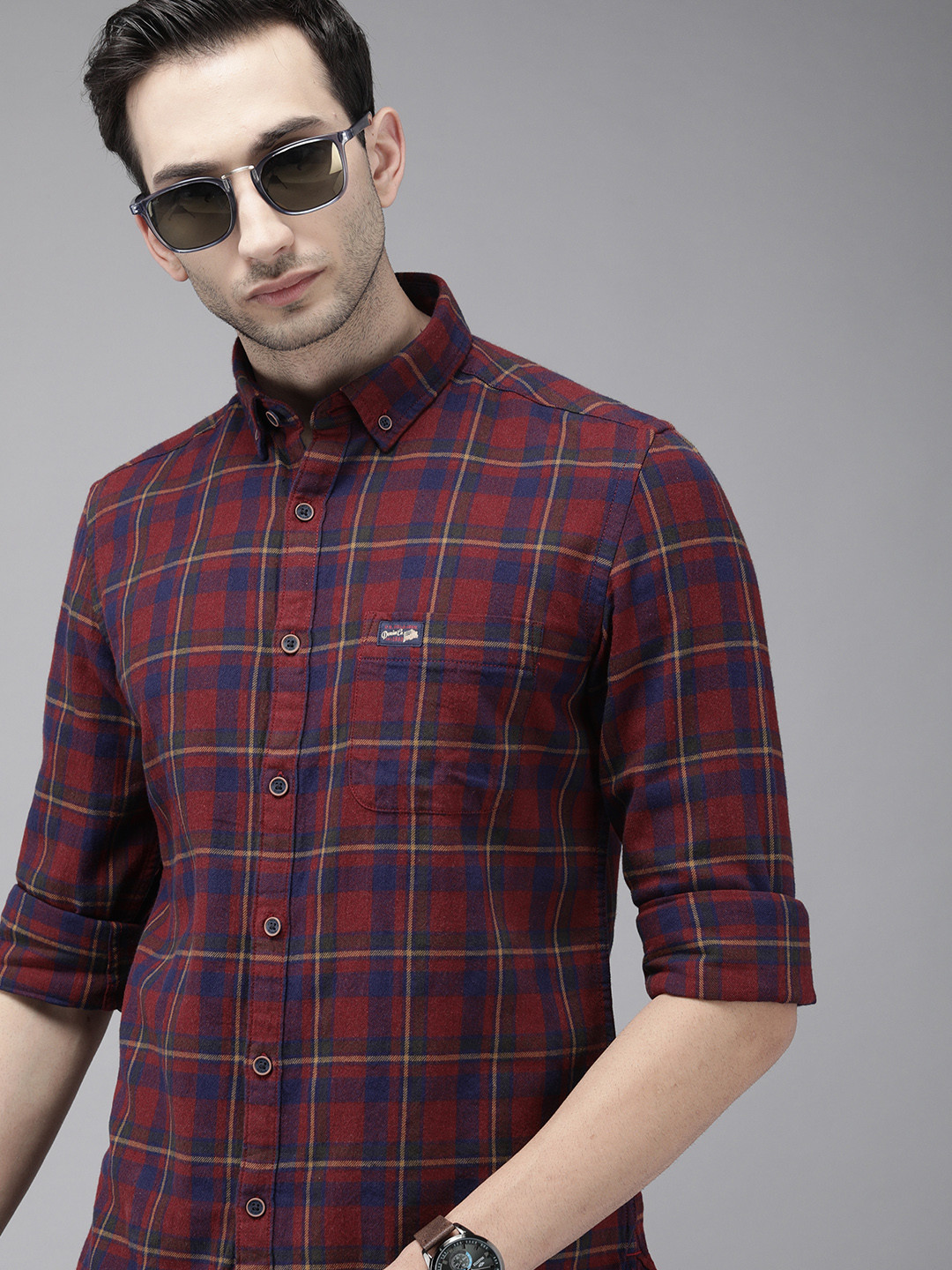 U S Polo Assn Denim Co Men Maroon & Blue Slim Fit Checked Casual Shirt