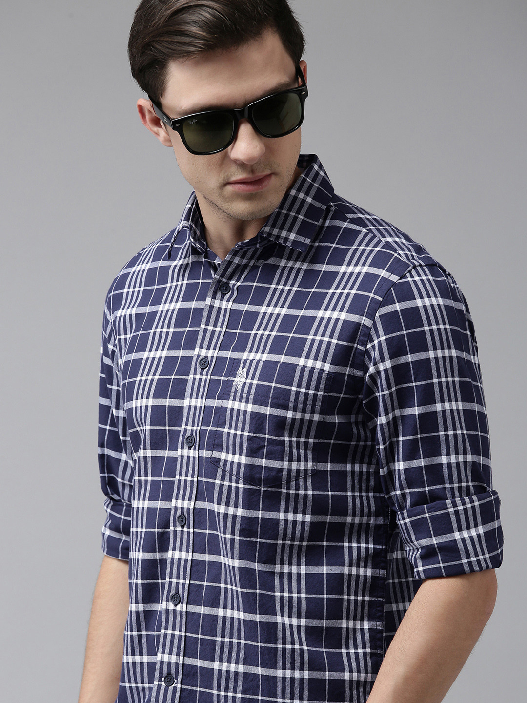 U S Polo Assn Men Navy Blue & White Tailored Fit Tartan Checked Cotton Casual Shirt