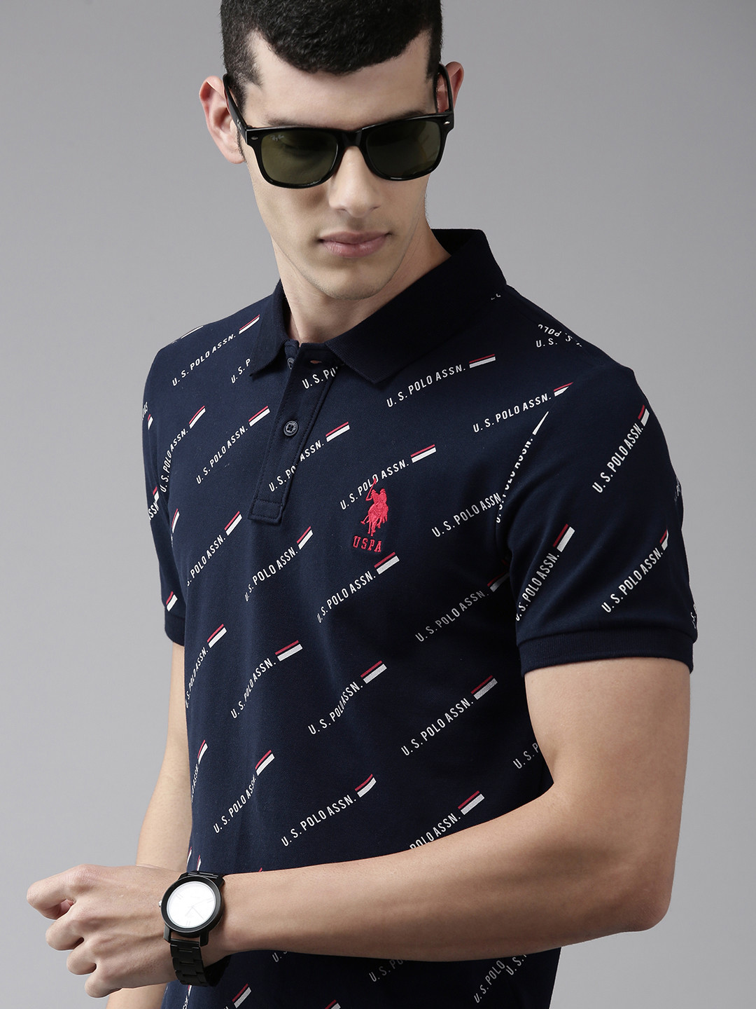 U S Polo Assn Men Navy Blue Brand Logo Printed Polo Collar Slim Fit T-shirt