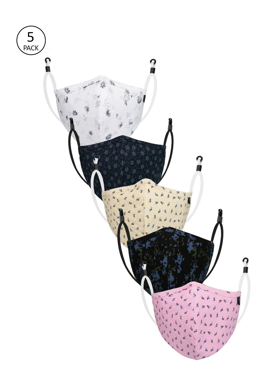 CENWELL Adults Pack Of 5 Pink & Black Printed 6-Ply Reusable 3D Cloth Masks