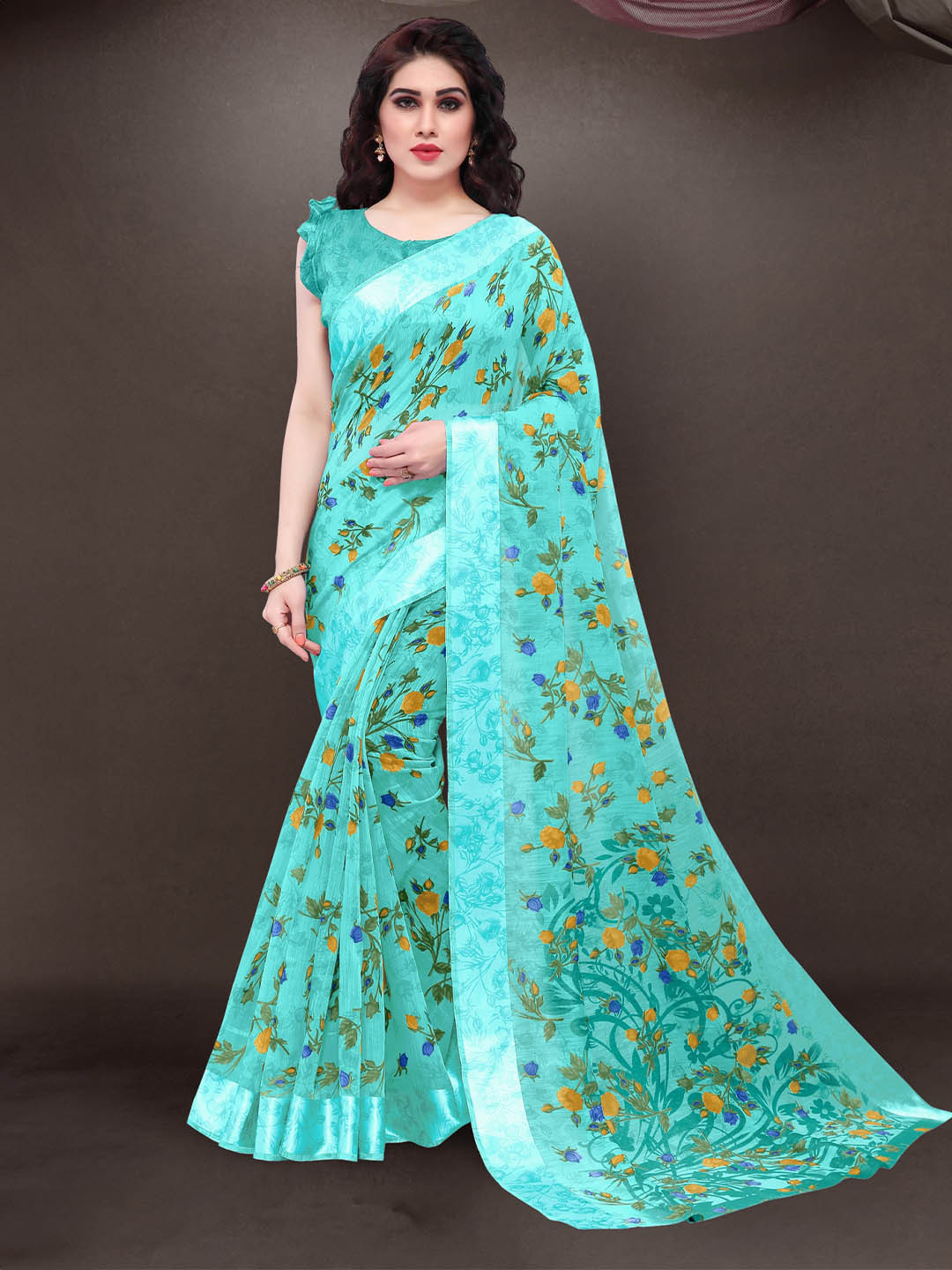 KALINI Teal & Blue Floral Bagh Saree