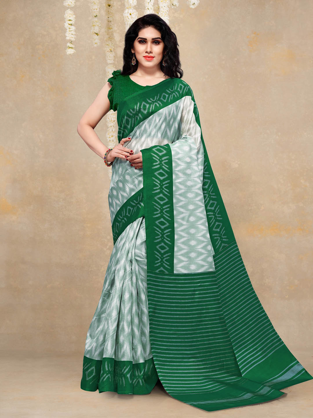 KALINI Off White & Green Art Silk Ikat Saree