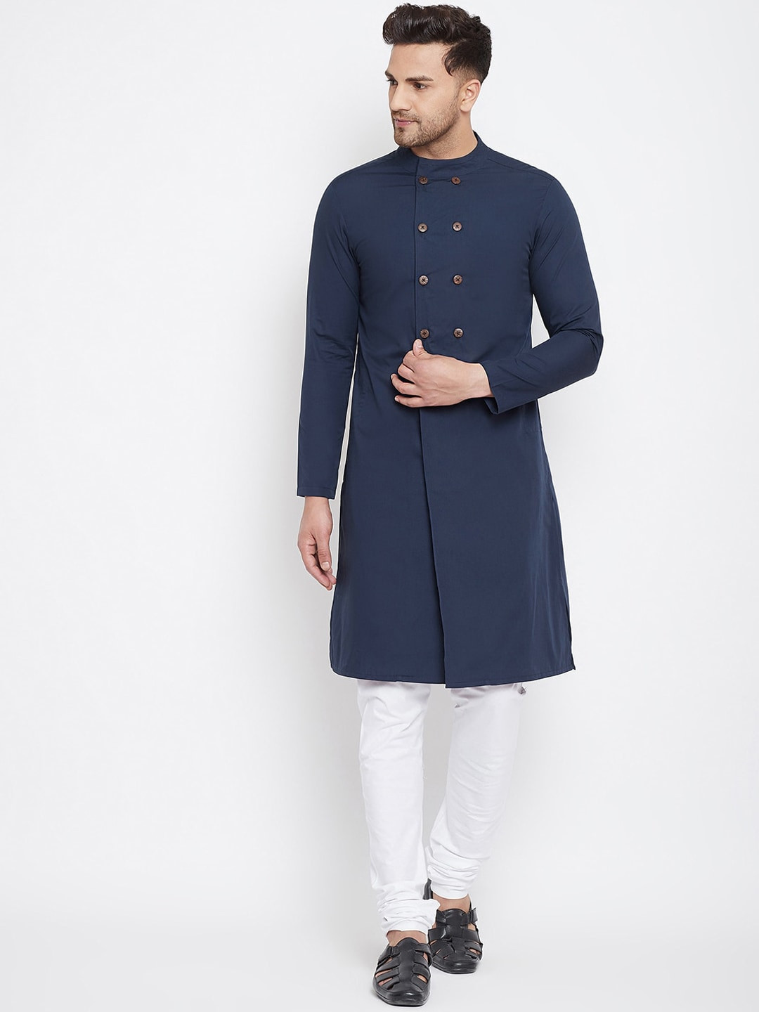 Hypernation Men Navy Blue Lucknowi Kurta