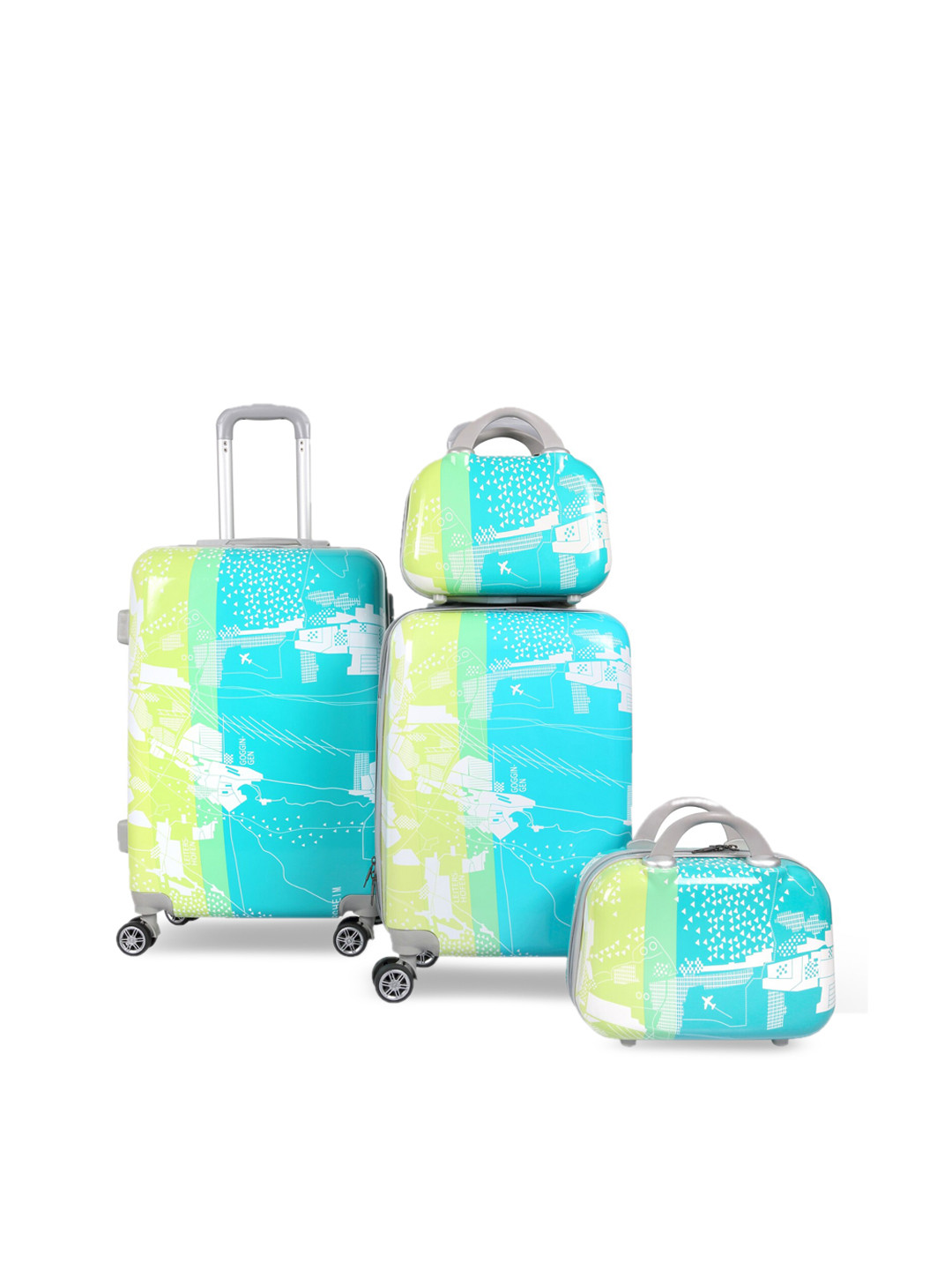 Polo Class Green & Blue 4-Pieces Printed Hard Case Luggage Trolley & Vanity Bag Set