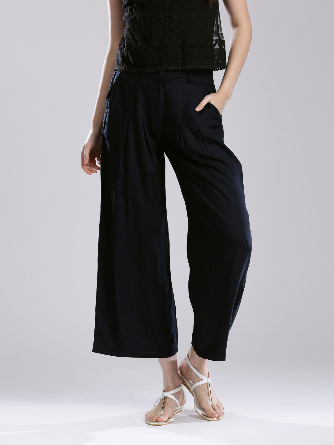 W Women Navy Ankle-Length Palazzo Trousers
